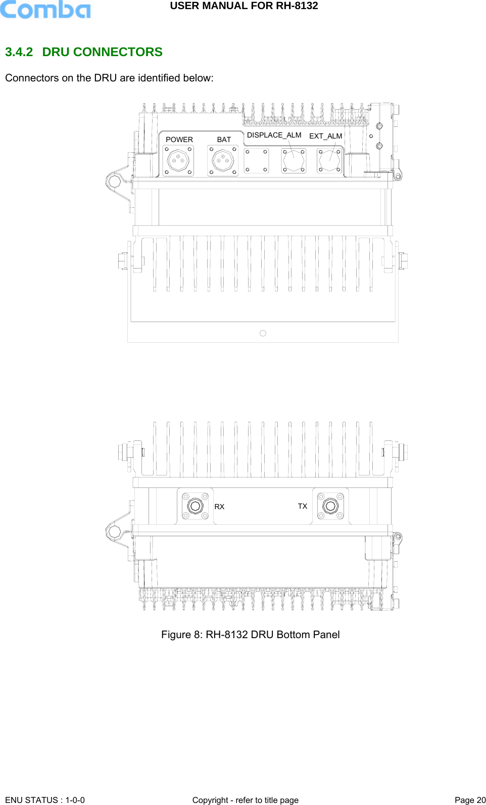 USER MANUAL FOR RH-8132     ENU STATUS : 1-0-0  Copyright - refer to title page  Page 20   3.4.2 DRU CONNECTORS Connectors on the DRU are identified below:  POWER BAT DISPLACE_ALM EXT_ALMRX TX  Figure 8: RH-8132 DRU Bottom Panel  