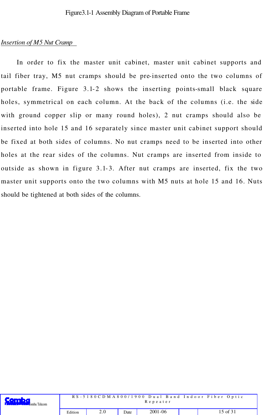  RS-5180CDMA800/1900 Dual Band Indoor Fiber Optic Repeater                 Comba Telecom Edition 2.0 Date 2001-06    15 of 31  Figure3.1-1 Assembly Diagram of Portable Frame  Insertion of M5 Nut Cramp  In order to fix the master unit cabinet, master unit cabinet supports and tail fiber tray, M5 nut cramps should be pre-inserted onto the two columns of portable frame. Figure 3.1-2 shows the inserting points-small black square holes, symmetrical on each column. At the back of the columns (i.e. the side with ground copper slip or many round holes), 2 nut cramps should also be inserted into hole 15 and 16 separately since master unit cabinet support should be fixed at both sides of columns. No nut cramps need to be inserted into other holes at the rear sides of the columns. Nut cramps are inserted from inside to outside as shown in figure 3.1-3. After nut cramps are inserted, fix the two master unit supports onto the two columns with M5 nuts at hole 15 and 16. Nuts should be tightened at both sides of the columns.  