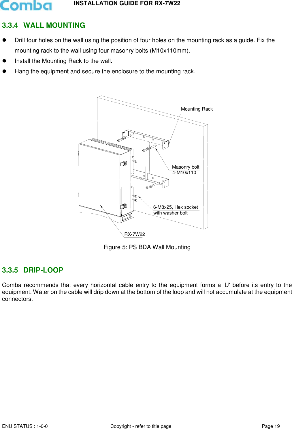 INSTALLATION GUIDE FOR RX-7W22  ENU STATUS : 1-0-0 Copyright - refer to title page Page 19     3.3.4  WALL MOUNTING    Drill four holes on the wall using the position of four holes on the mounting rack as a guide. Fix the mounting rack to the wall using four masonry bolts (M10x110mm).   Install the Mounting Rack to the wall.   Hang the equipment and secure the enclosure to the mounting rack.    Figure 5: PS BDA Wall Mounting   3.3.5  DRIP-LOOP Comba recommends that every horizontal cable  entry to the equipment forms a &apos;U&apos; before its entry to the equipment. Water on the cable will drip down at the bottom of the loop and will not accumulate at the equipment connectors.      Mounting RackMasonry bolt4-M10x110RX-7W226-M8x25, Hex socketwith washer bolt