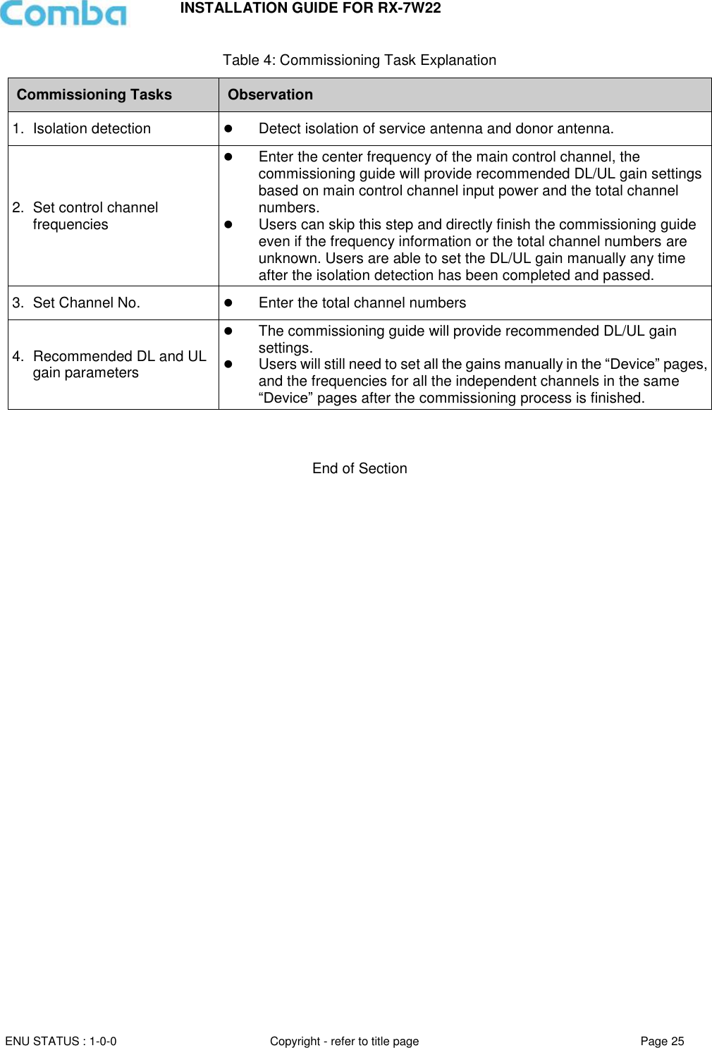 INSTALLATION GUIDE FOR RX-7W22  ENU STATUS : 1-0-0 Copyright - refer to title page Page 25     Table 4: Commissioning Task Explanation Commissioning Tasks Observation 1.  Isolation detection  Detect isolation of service antenna and donor antenna. 2.  Set control channel frequencies  Enter the center frequency of the main control channel, the commissioning guide will provide recommended DL/UL gain settings based on main control channel input power and the total channel numbers.  Users can skip this step and directly finish the commissioning guide even if the frequency information or the total channel numbers are unknown. Users are able to set the DL/UL gain manually any time after the isolation detection has been completed and passed. 3.  Set Channel No.  Enter the total channel numbers 4.  Recommended DL and UL gain parameters  The commissioning guide will provide recommended DL/UL gain settings.   Users will still need to set all the gains manually in the “Device” pages, and the frequencies for all the independent channels in the same “Device” pages after the commissioning process is finished.    End of Section                            