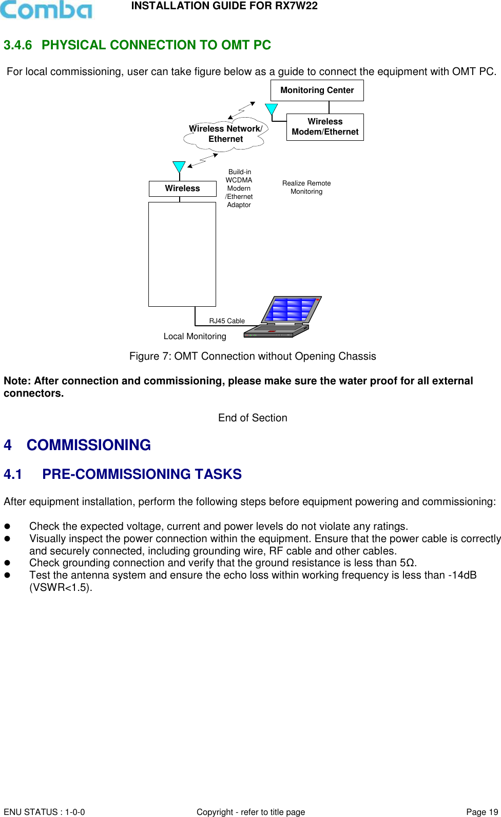 INSTALLATION GUIDE FOR RX7W22  ENU STATUS : 1-0-0 Copyright - refer to title page Page 19     3.4.6  PHYSICAL CONNECTION TO OMT PC  For local commissioning, user can take figure below as a guide to connect the equipment with OMT PC.   Wireless Network/EthernetWireless Build-in WCDMA Modern /Ethernet AdaptorRealize Remote MonitoringLocal MonitoringWireless Modem/EthernetMonitoring Center RJ45 Cable Figure 7: OMT Connection without Opening Chassis   Note: After connection and commissioning, please make sure the water proof for all external connectors.   End of Section  4  COMMISSIONING  4.1 PRE-COMMISSIONING TASKS After equipment installation, perform the following steps before equipment powering and commissioning:   Check the expected voltage, current and power levels do not violate any ratings.   Visually inspect the power connection within the equipment. Ensure that the power cable is correctly and securely connected, including grounding wire, RF cable and other cables.   Check grounding connection and verify that the ground resistance is less than 5Ω.  Test the antenna system and ensure the echo loss within working frequency is less than -14dB (VSWR&lt;1.5).      