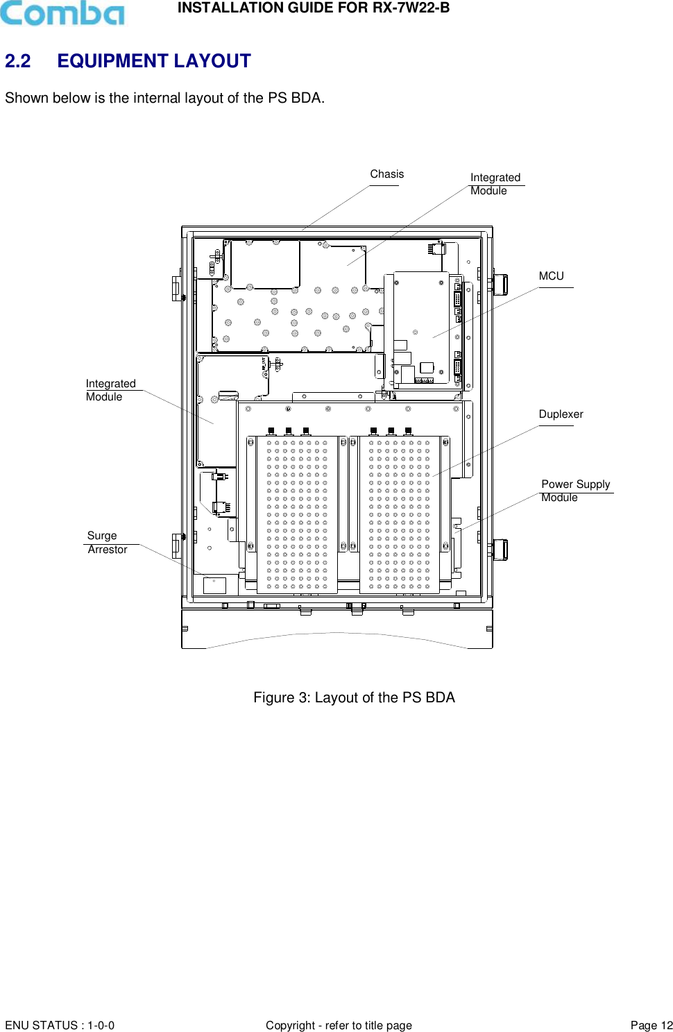 INSTALLATION GUIDE FOR RX-7W22-B  ENU STATUS : 1-0-0 Copyright - refer to title page Page 12     2.2 EQUIPMENT LAYOUT Shown below is the internal layout of the PS BDA.  MCUDuplexerPower SupplyModuleIntegratedModuleChasis IntegratedModuleSurgeArrestor Figure 3: Layout of the PS BDA     