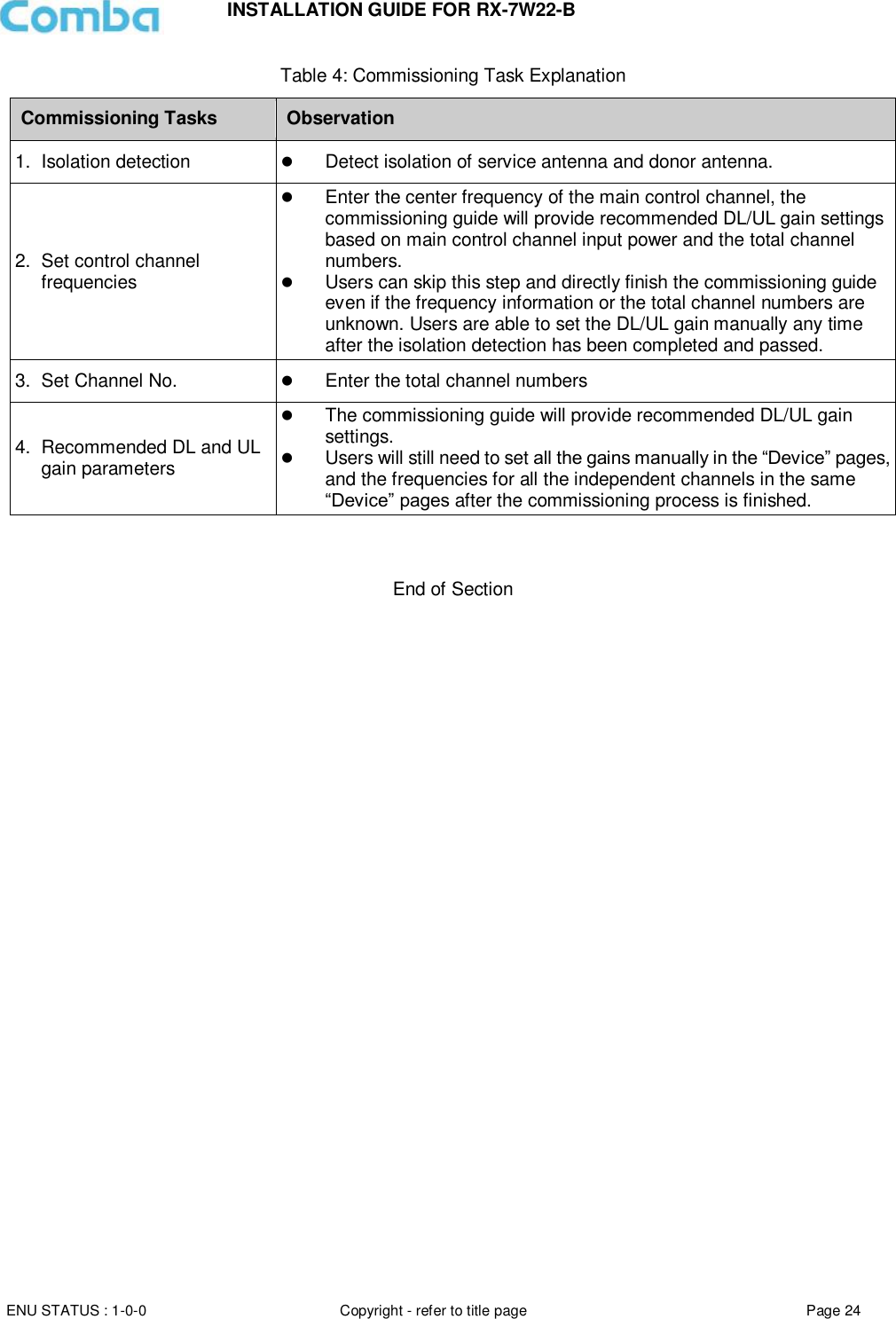 INSTALLATION GUIDE FOR RX-7W22-B  ENU STATUS : 1-0-0 Copyright - refer to title page Page 24     Table 4: Commissioning Task Explanation Commissioning Tasks Observation 1.  Isolation detection  Detect isolation of service antenna and donor antenna. 2.  Set control channel frequencies  Enter the center frequency of the main control channel, the commissioning guide will provide recommended DL/UL gain settings based on main control channel input power and the total channel numbers.  Users can skip this step and directly finish the commissioning guide even if the frequency information or the total channel numbers are unknown. Users are able to set the DL/UL gain manually any time after the isolation detection has been completed and passed. 3.  Set Channel No.  Enter the total channel numbers 4.  Recommended DL and UL gain parameters  The commissioning guide will provide recommended DL/UL gain settings.   Users will still need to set all the gains manually in the “Device” pages, and the frequencies for all the independent channels in the same “Device” pages after the commissioning process is finished.    End of Section                            