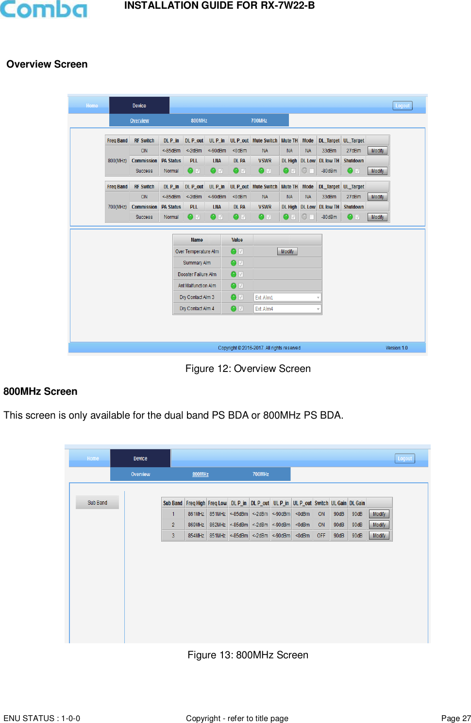 INSTALLATION GUIDE FOR RX-7W22-B  ENU STATUS : 1-0-0 Copyright - refer to title page Page 27        Overview Screen    Figure 12: Overview Screen  800MHz Screen  This screen is only available for the dual band PS BDA or 800MHz PS BDA.   Figure 13: 800MHz Screen   
