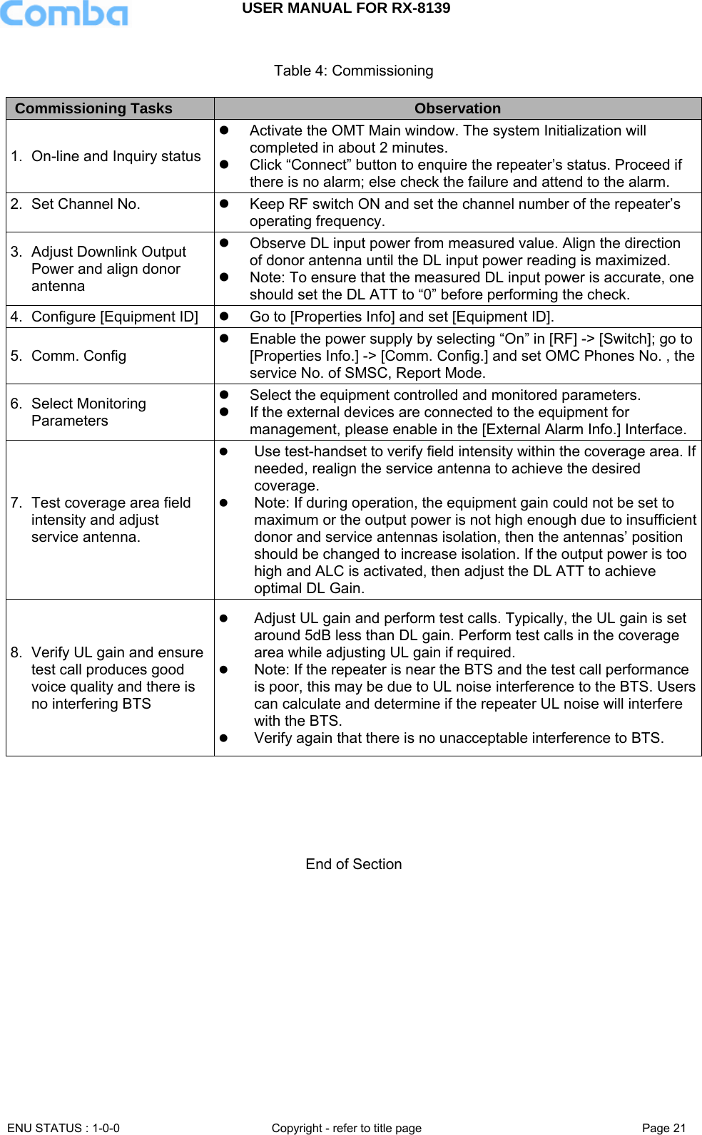 USER MANUAL FOR RX-8139    ENU STATUS : 1-0-0  Copyright - refer to title page  Page 21   Table 4: Commissioning  Commissioning Tasks  Observation 1.  On-line and Inquiry status z  Activate the OMT Main window. The system Initialization will completed in about 2 minutes.  z  Click “Connect” button to enquire the repeater’s status. Proceed if there is no alarm; else check the failure and attend to the alarm. 2.  Set Channel No.  z  Keep RF switch ON and set the channel number of the repeater’s operating frequency. 3.  Adjust Downlink Output Power and align donor antenna z  Observe DL input power from measured value. Align the direction of donor antenna until the DL input power reading is maximized. z  Note: To ensure that the measured DL input power is accurate, one should set the DL ATT to “0” before performing the check. 4.  Configure [Equipment ID]  z  Go to [Properties Info] and set [Equipment ID]. 5. Comm. Config z  Enable the power supply by selecting “On” in [RF] -&gt; [Switch]; go to [Properties Info.] -&gt; [Comm. Config.] and set OMC Phones No. , the service No. of SMSC, Report Mode. 6. Select Monitoring Parameters z  Select the equipment controlled and monitored parameters. z  If the external devices are connected to the equipment for management, please enable in the [External Alarm Info.] Interface. 7.  Test coverage area field intensity and adjust service antenna. z Use test-handset to verify field intensity within the coverage area. If needed, realign the service antenna to achieve the desired coverage. z Note: If during operation, the equipment gain could not be set to maximum or the output power is not high enough due to insufficient donor and service antennas isolation, then the antennas’ position should be changed to increase isolation. If the output power is too high and ALC is activated, then adjust the DL ATT to achieve optimal DL Gain.  8.  Verify UL gain and ensure test call produces good voice quality and there is no interfering BTS z Adjust UL gain and perform test calls. Typically, the UL gain is set around 5dB less than DL gain. Perform test calls in the coverage area while adjusting UL gain if required.  z Note: If the repeater is near the BTS and the test call performance is poor, this may be due to UL noise interference to the BTS. Users can calculate and determine if the repeater UL noise will interfere with the BTS. z Verify again that there is no unacceptable interference to BTS.      End of Section   