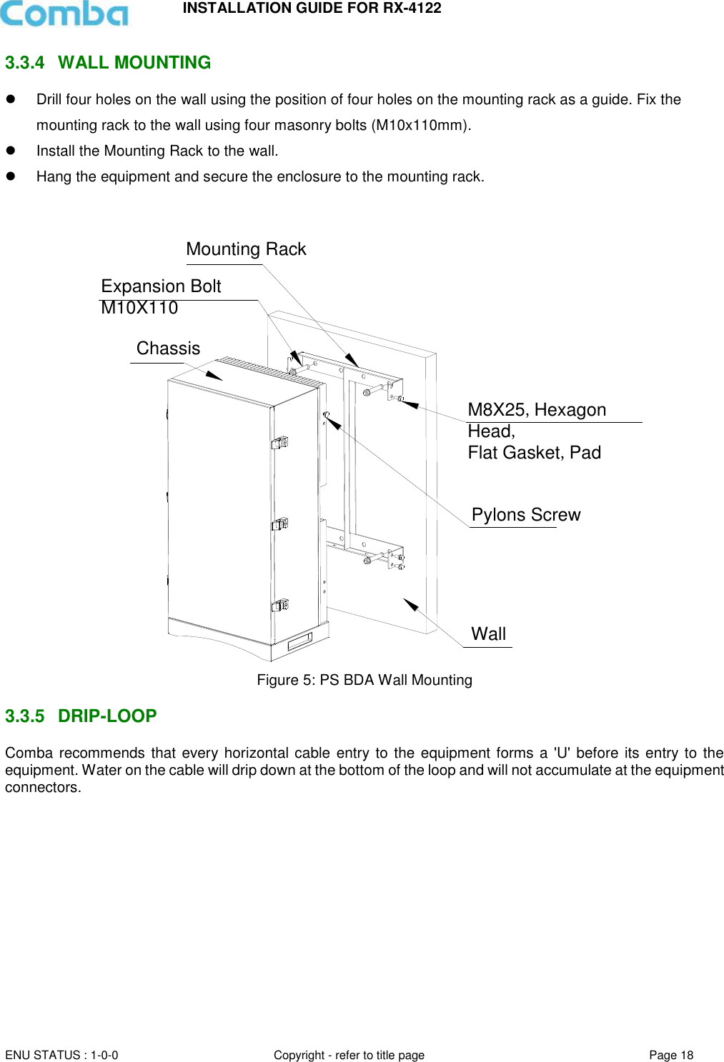 INSTALLATION GUIDE FOR RX-4122  ENU STATUS : 1-0-0 Copyright - refer to title page Page 18     3.3.4  WALL MOUNTING    Drill four holes on the wall using the position of four holes on the mounting rack as a guide. Fix the mounting rack to the wall using four masonry bolts (M10x110mm).   Install the Mounting Rack to the wall.   Hang the equipment and secure the enclosure to the mounting rack.   Mounting RackExpansion Bolt M10X110ChassisM8X25,Hexagon Head,Flat Gasket,PadPylons ScrewWall Figure 5: PS BDA Wall Mounting  3.3.5  DRIP-LOOP Comba recommends that every horizontal cable entry to the equipment forms a &apos;U&apos; before its entry to the equipment. Water on the cable will drip down at the bottom of the loop and will not accumulate at the equipment connectors.      