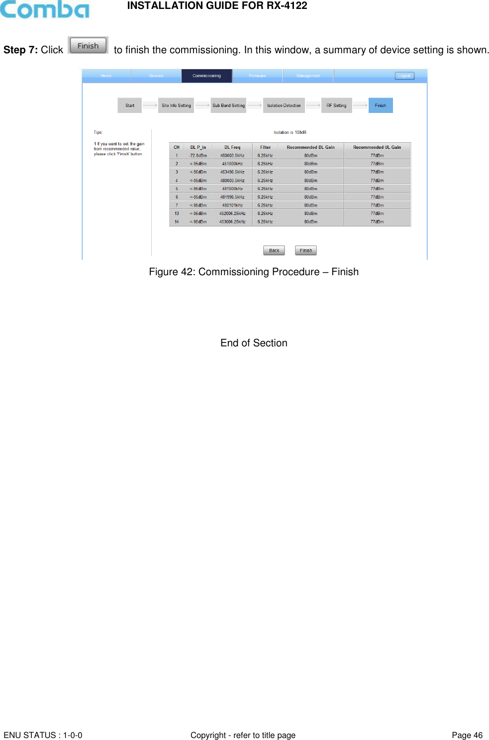 INSTALLATION GUIDE FOR RX-4122  ENU STATUS : 1-0-0 Copyright - refer to title page Page 46     Step 7: Click    to finish the commissioning. In this window, a summary of device setting is shown.    Figure 42: Commissioning Procedure – Finish      End of Section    
