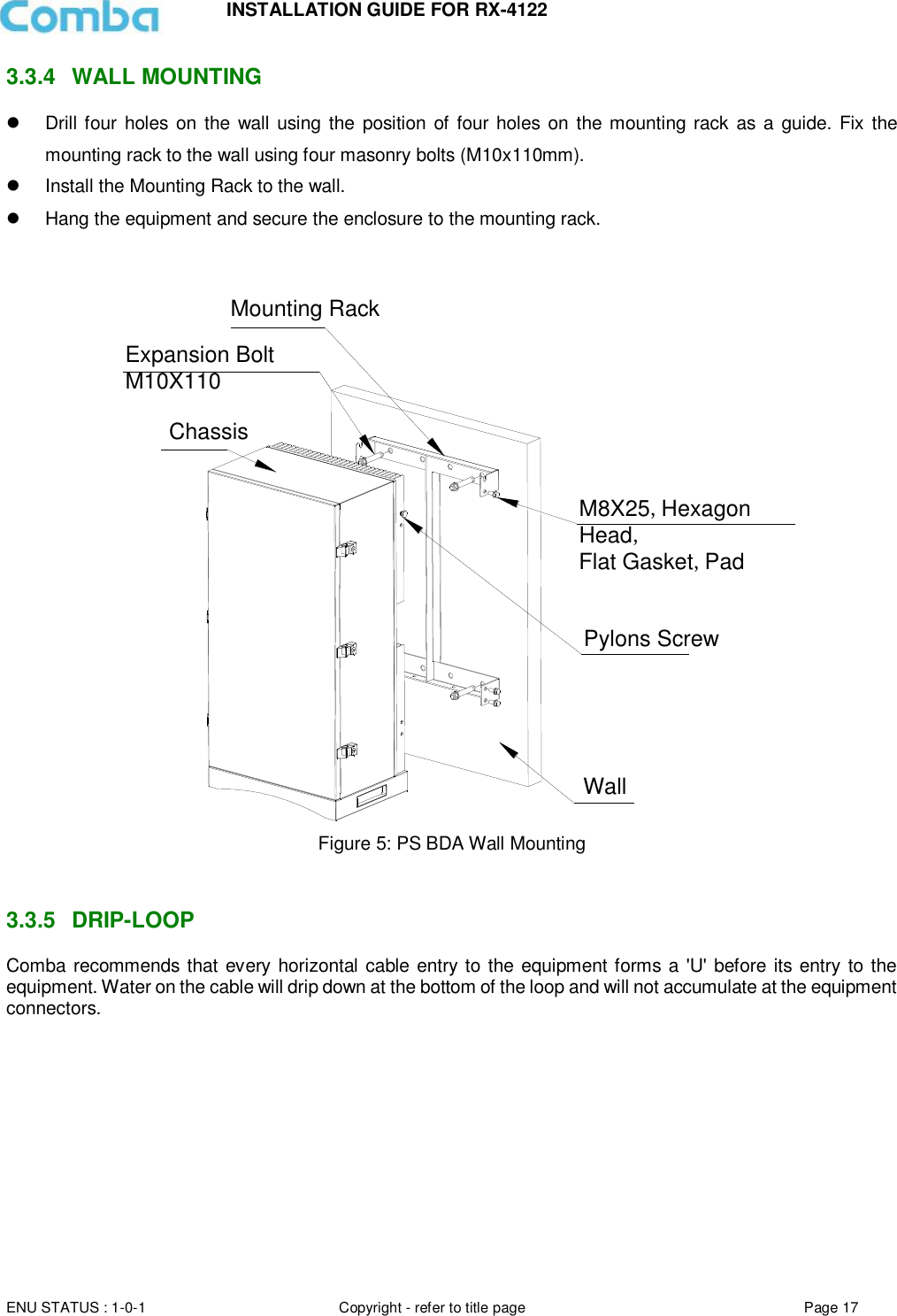 INSTALLATION GUIDE FOR RX-4122  ENU STATUS : 1-0-1 Copyright - refer to title page Page 17     3.3.4  WALL MOUNTING    Drill four holes  on the  wall  using the position of four holes on the mounting  rack as a  guide. Fix the mounting rack to the wall using four masonry bolts (M10x110mm).   Install the Mounting Rack to the wall.   Hang the equipment and secure the enclosure to the mounting rack.   Mounting RackExpansion Bolt M10X110ChassisM8X25,Hexagon Head,Flat Gasket,PadPylons ScrewWall Figure 5: PS BDA Wall Mounting   3.3.5  DRIP-LOOP Comba recommends that every horizontal cable entry to the equipment forms a &apos;U&apos; before its entry to the equipment. Water on the cable will drip down at the bottom of the loop and will not accumulate at the equipment connectors.      
