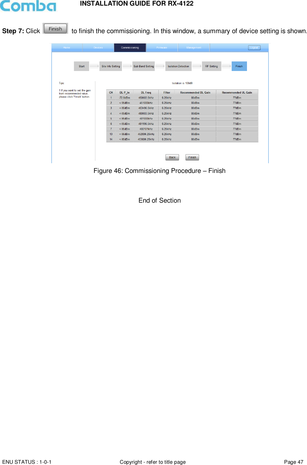 INSTALLATION GUIDE FOR RX-4122  ENU STATUS : 1-0-1 Copyright - refer to title page Page 47     Step 7: Click    to finish the commissioning. In this window, a summary of device setting is shown.    Figure 46: Commissioning Procedure – Finish    End of Section    