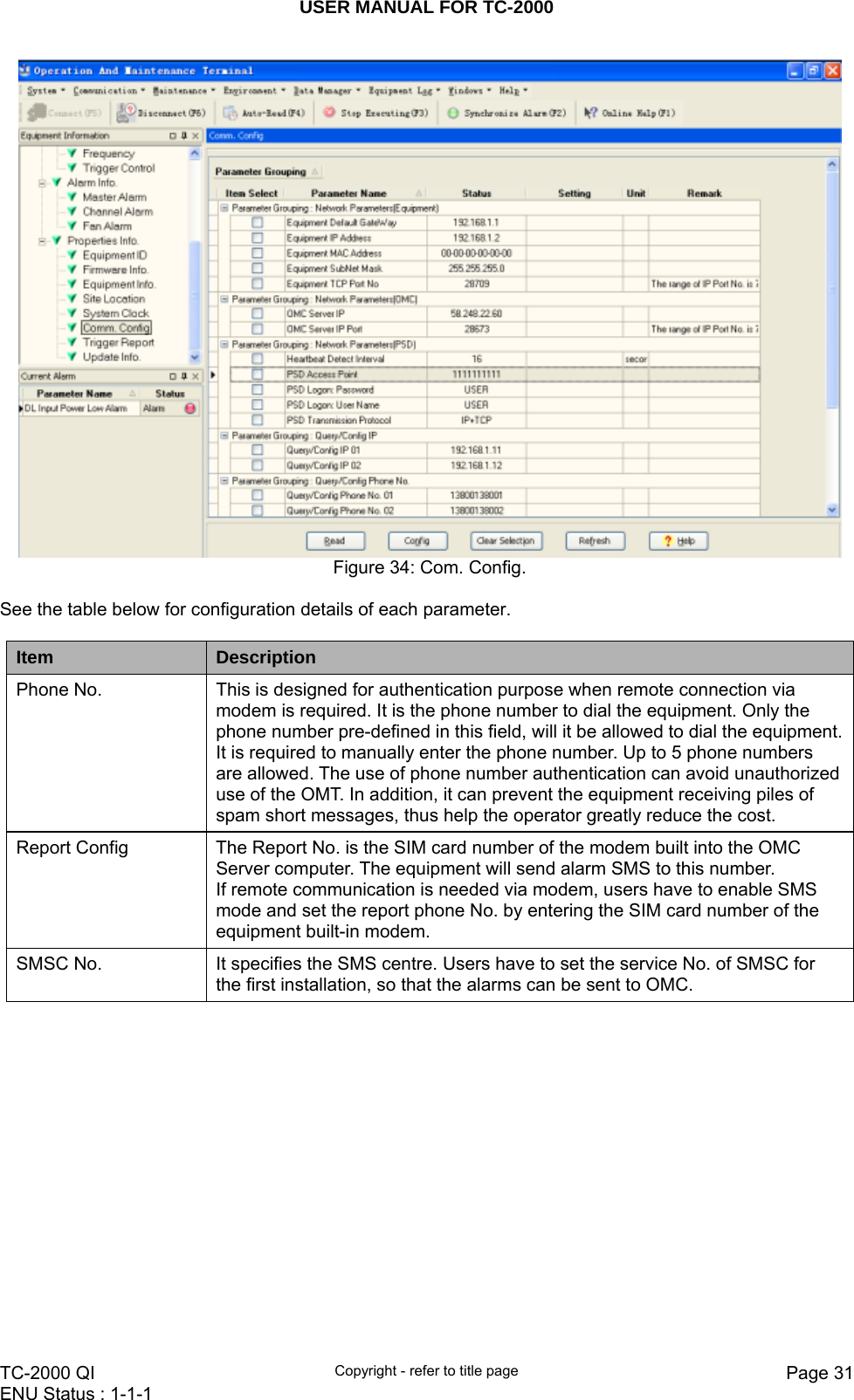 USER MANUAL FOR TC-2000   TC-2000 QI  Copyright - refer to title page  Page 31ENU Status : 1-1-1     Figure 34: Com. Config.  See the table below for configuration details of each parameter.  Item   Description Phone No.  This is designed for authentication purpose when remote connection via modem is required. It is the phone number to dial the equipment. Only the phone number pre-defined in this field, will it be allowed to dial the equipment. It is required to manually enter the phone number. Up to 5 phone numbers are allowed. The use of phone number authentication can avoid unauthorized use of the OMT. In addition, it can prevent the equipment receiving piles of spam short messages, thus help the operator greatly reduce the cost. Report Config  The Report No. is the SIM card number of the modem built into the OMC Server computer. The equipment will send alarm SMS to this number.   If remote communication is needed via modem, users have to enable SMS mode and set the report phone No. by entering the SIM card number of the equipment built-in modem. SMSC No.  It specifies the SMS centre. Users have to set the service No. of SMSC for the first installation, so that the alarms can be sent to OMC.    