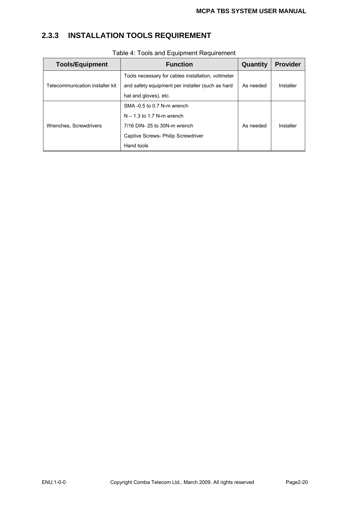 MCPA TBS SYSTEM USER MANUAL ENU:1-0-0 Copyright Comba Telecom Ltd., March 2009. All rights reserved  Page2-20    2.3.3    INSTALLATION TOOLS REQUIREMENT Table 4: Tools and Equipment Requirement Tools/Equipment  Function  Quantity  ProviderTelecommunication installer kit Tools necessary for cables installation, voltmeter and safety equipment per installer (such as hard hat and gloves), etc. As needed  Installer Wrenches, Screwdrivers   SMA -0.5 to 0.7 N-m wrench N – 1.3 to 1.7 N-m wrench 7/16 DIN- 25 to 30N-m wrench Captive Screws- Philip Screwdriver Hand tools As needed  Installer  