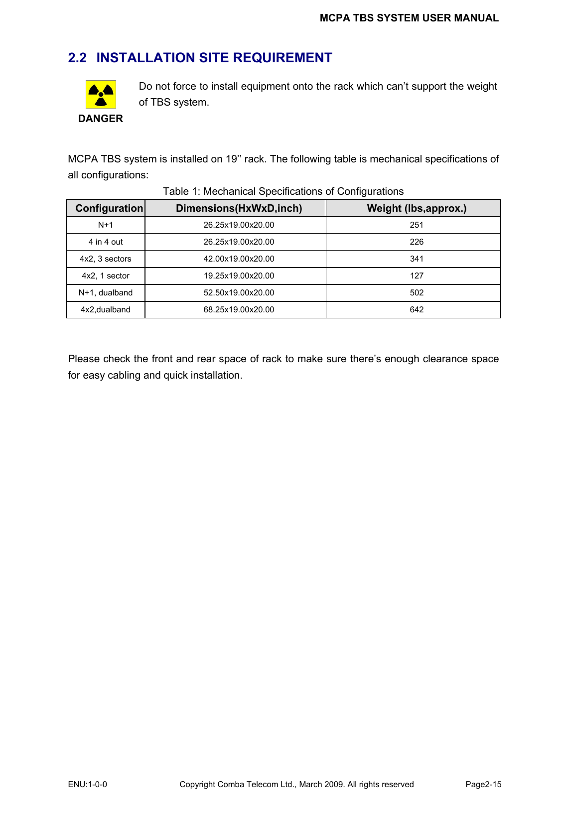 MCPA TBS SYSTEM USER MANUAL ENU:1-0-0 Copyright Comba Telecom Ltd., March 2009. All rights reserved  Page2-15    2.2   INSTALLATION SITE REQUIREMENT  DANGER Do not force to install equipment onto the rack which can’t support the weight of TBS system.  MCPA TBS system is installed on 19’’ rack. The following table is mechanical specifications of all configurations: Table 1: Mechanical Specifications of Configurations Configuration  Dimensions(HxWxD,inch)  Weight (lbs,approx.) N+1 26.25x19.00x20.00  251 4 in 4 out  26.25x19.00x20.00  226 4x2, 3 sectors  42.00x19.00x20.00  341 4x2, 1 sector  19.25x19.00x20.00  127 N+1, dualband  52.50x19.00x20.00  502 4x2,dualband 68.25x19.00x20.00  642   Please check the front and rear space of rack to make sure there’s enough clearance space for easy cabling and quick installation.  