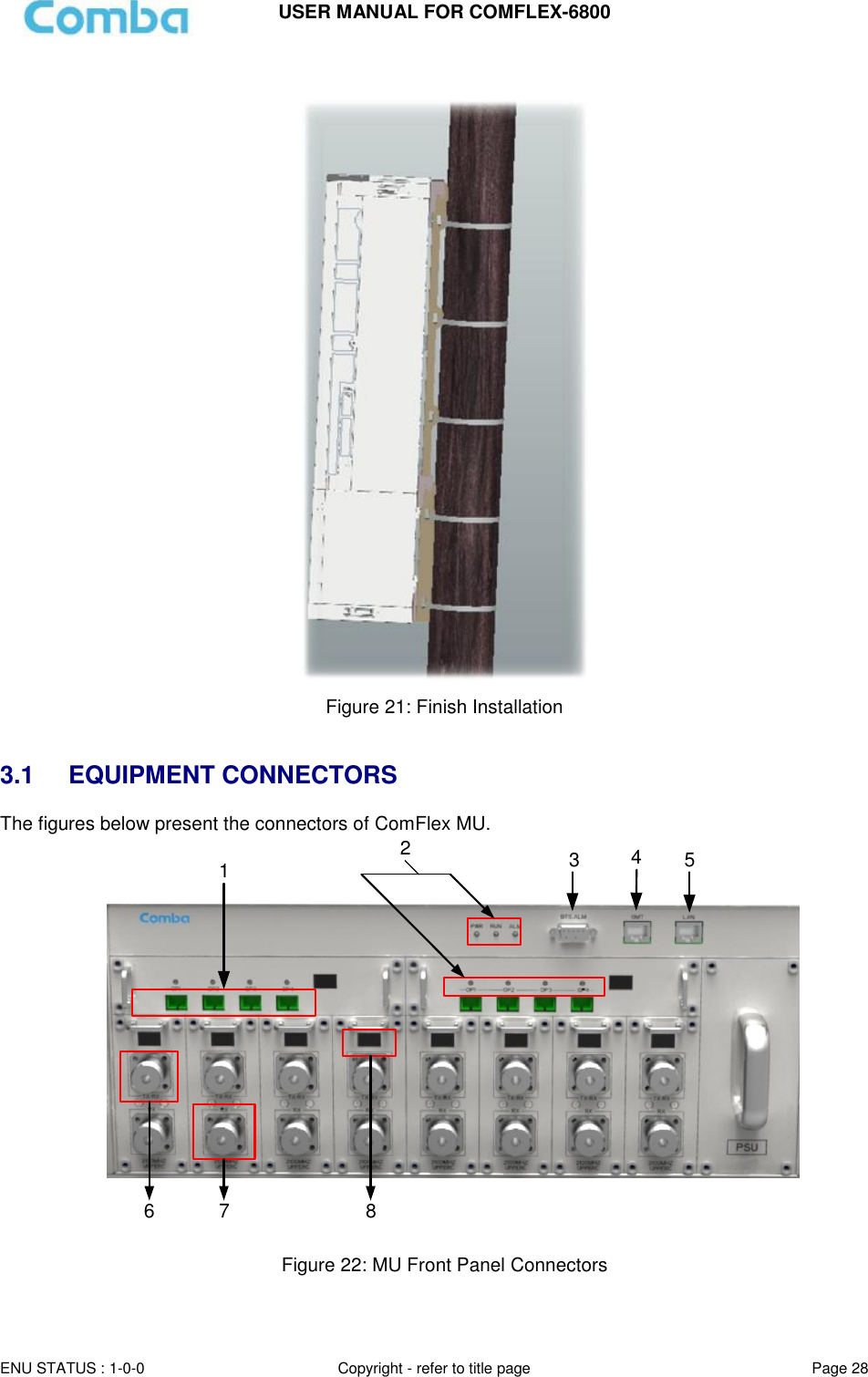 USER MANUAL FOR COMFLEX-6800  ENU STATUS : 1-0-0 Copyright - refer to title page Page 28    Figure 21: Finish Installation   3.1  EQUIPMENT CONNECTORS The figures below present the connectors of ComFlex MU. 123456 7 8  Figure 22: MU Front Panel Connectors  