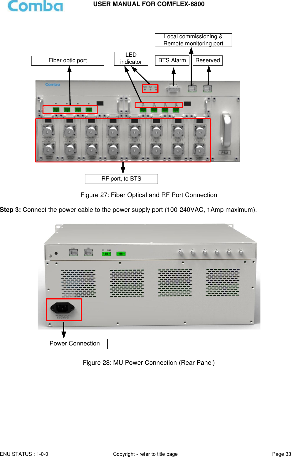 USER MANUAL FOR COMFLEX-6800   ENU STATUS : 1-0-0 Copyright - refer to title page Page 33      Local commissioning &amp; Remote monitoring portBTS Alarm ReservedFiber optic portRF port, to BTSLED indicator  Figure 27: Fiber Optical and RF Port Connection  Step 3: Connect the power cable to the power supply port (100-240VAC, 1Amp maximum).   Power Connection  Figure 28: MU Power Connection (Rear Panel)     