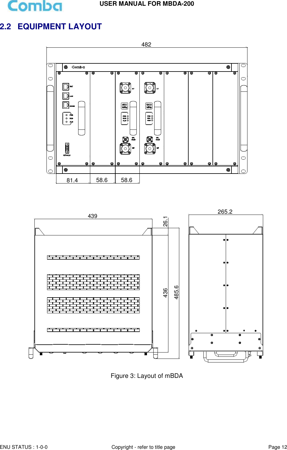 USER MANUAL FOR MBDA-200  ENU STATUS : 1-0-0 Copyright - refer to title page Page 12     2.2  EQUIPMENT LAYOUT 58.648281.4 58.6   26.1436485.6439265.2  Figure 3: Layout of mBDA  