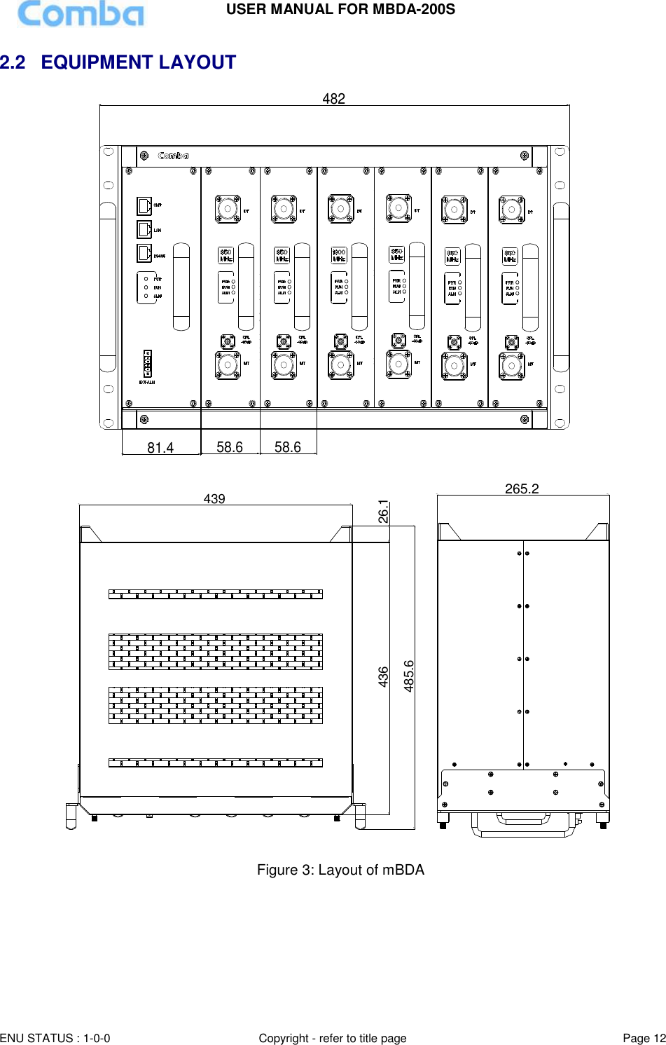 USER MANUAL FOR MBDA-200S  ENU STATUS : 1-0-0 Copyright - refer to title page Page 12     2.2  EQUIPMENT LAYOUT 58.681.448258.6  26.1436485.6439265.2  Figure 3: Layout of mBDA  