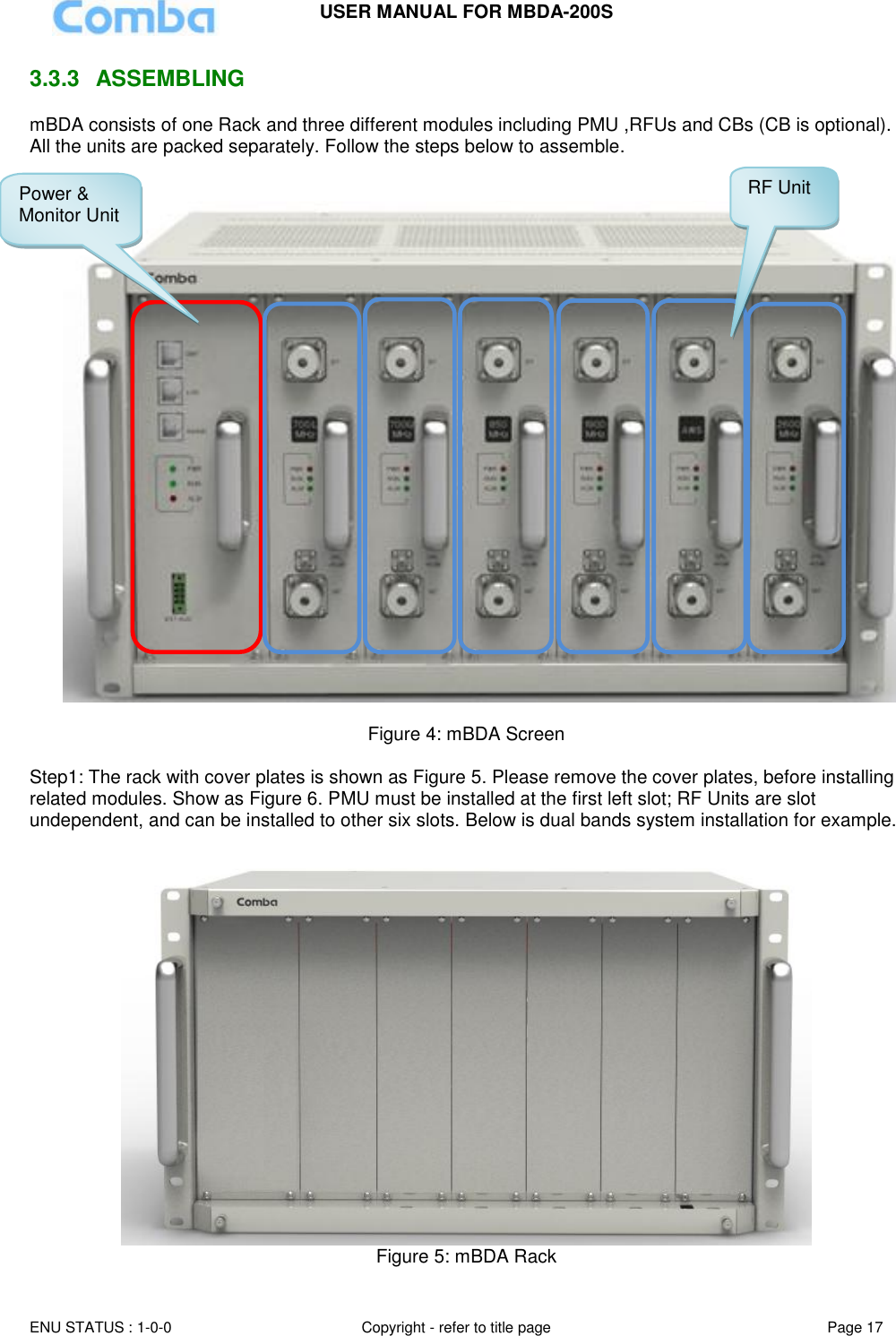 USER MANUAL FOR MBDA-200S  ENU STATUS : 1-0-0 Copyright - refer to title page Page 17     3.3.3  ASSEMBLING  mBDA consists of one Rack and three different modules including PMU ,RFUs and CBs (CB is optional). All the units are packed separately. Follow the steps below to assemble.       Figure 4: mBDA Screen  Step1: The rack with cover plates is shown as Figure 5. Please remove the cover plates, before installing related modules. Show as Figure 6. PMU must be installed at the first left slot; RF Units are slot undependent, and can be installed to other six slots. Below is dual bands system installation for example.   Figure 5: mBDA Rack RF Unit Power &amp; Monitor Unit 