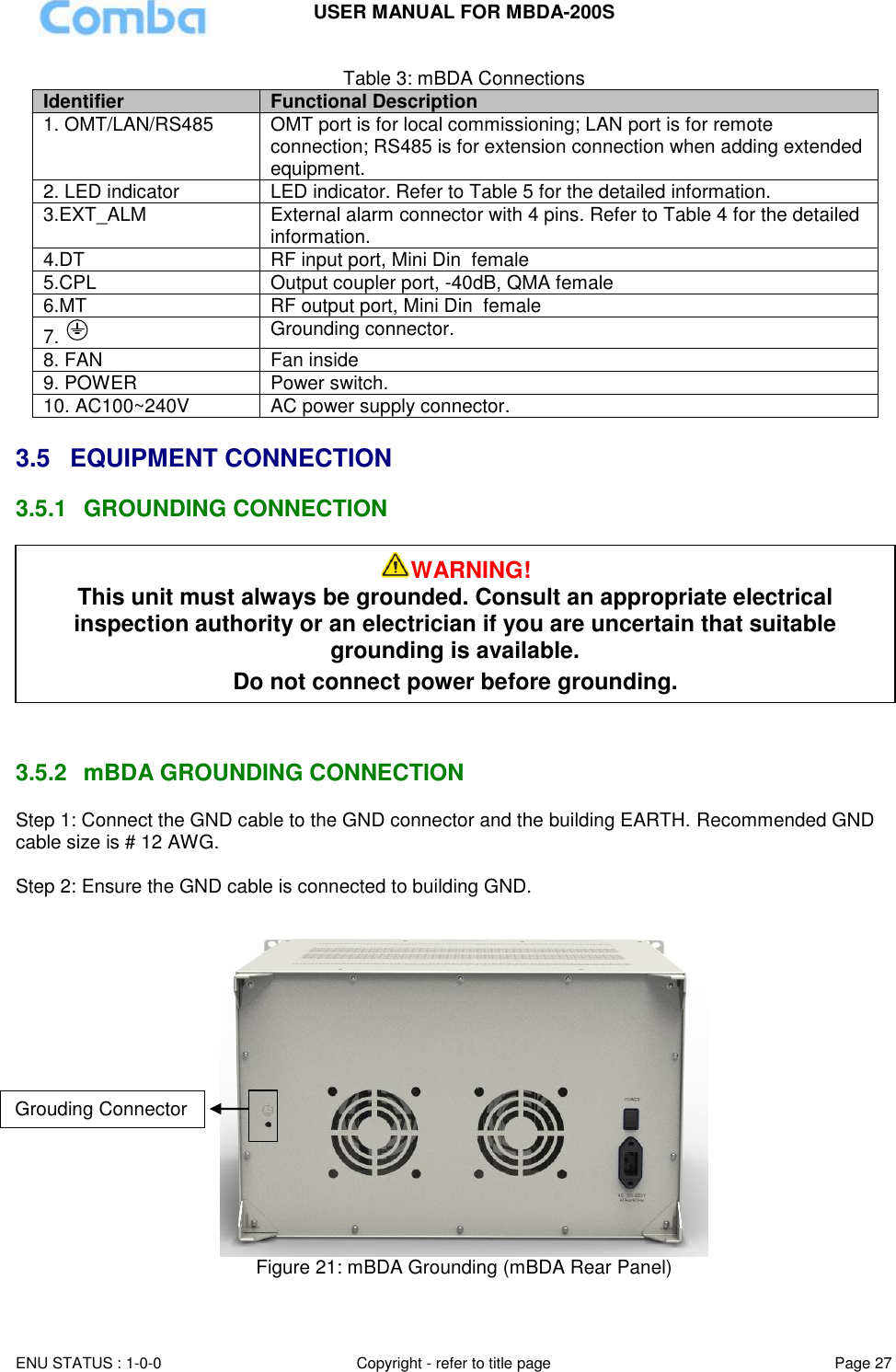 USER MANUAL FOR MBDA-200S  ENU STATUS : 1-0-0 Copyright - refer to title page Page 27     Table 3: mBDA Connections Identifier Functional Description 1. OMT/LAN/RS485 OMT port is for local commissioning; LAN port is for remote connection; RS485 is for extension connection when adding extended equipment. 2. LED indicator LED indicator. Refer to Table 5 for the detailed information.  3.EXT_ALM External alarm connector with 4 pins. Refer to Table 4 for the detailed information. 4.DT RF input port, Mini Din  female 5.CPL Output coupler port, -40dB, QMA female 6.MT RF output port, Mini Din  female 7.   Grounding connector. 8. FAN Fan inside 9. POWER Power switch. 10. AC100~240V AC power supply connector.  3.5  EQUIPMENT CONNECTION  3.5.1  GROUNDING CONNECTION      3.5.2  mBDA GROUNDING CONNECTION Step 1: Connect the GND cable to the GND connector and the building EARTH. Recommended GND cable size is # 12 AWG.  Step 2: Ensure the GND cable is connected to building GND.   Figure 21: mBDA Grounding (mBDA Rear Panel)  WARNING! This unit must always be grounded. Consult an appropriate electrical inspection authority or an electrician if you are uncertain that suitable grounding is available.   Do not connect power before grounding. Grouding Connector 