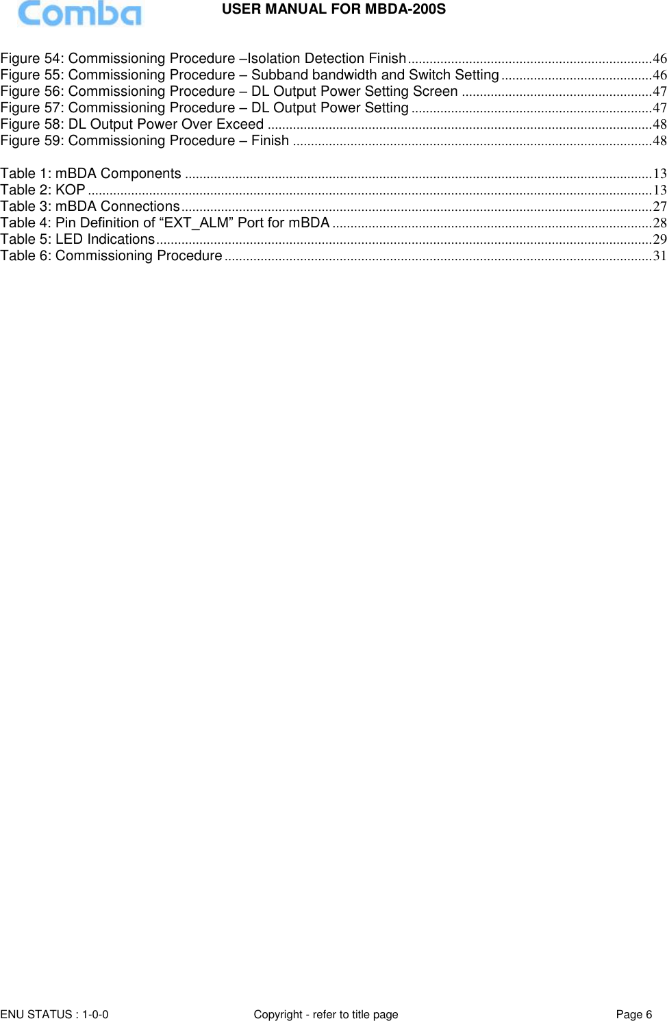 USER MANUAL FOR MBDA-200S  ENU STATUS : 1-0-0 Copyright - refer to title page Page 6     Figure 54: Commissioning Procedure –Isolation Detection Finish .................................................................... 46 Figure 55: Commissioning Procedure – Subband bandwidth and Switch Setting .......................................... 46 Figure 56: Commissioning Procedure – DL Output Power Setting Screen ..................................................... 47 Figure 57: Commissioning Procedure – DL Output Power Setting ................................................................... 47 Figure 58: DL Output Power Over Exceed ........................................................................................................... 48 Figure 59: Commissioning Procedure – Finish .................................................................................................... 48             Table 1: mBDA Components .................................................................................................................................. 13 Table 2: KOP ............................................................................................................................................................. 13 Table 3: mBDA Connections ................................................................................................................................... 27 Table 4: Pin Definition of “EXT_ALM” Port for mBDA ......................................................................................... 28 Table 5: LED Indications .......................................................................................................................................... 29 Table 6: Commissioning Procedure ....................................................................................................................... 31  