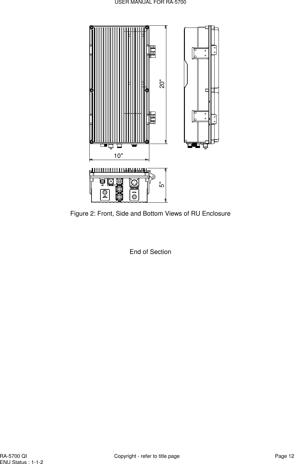 USER MANUAL FOR RA-5700  RA-5700 QI  Copyright - refer to title page Page 12 ENU Status : 1-1-2    20&quot;5&quot;10&quot; Figure 2: Front, Side and Bottom Views of RU Enclosure     End of Section   