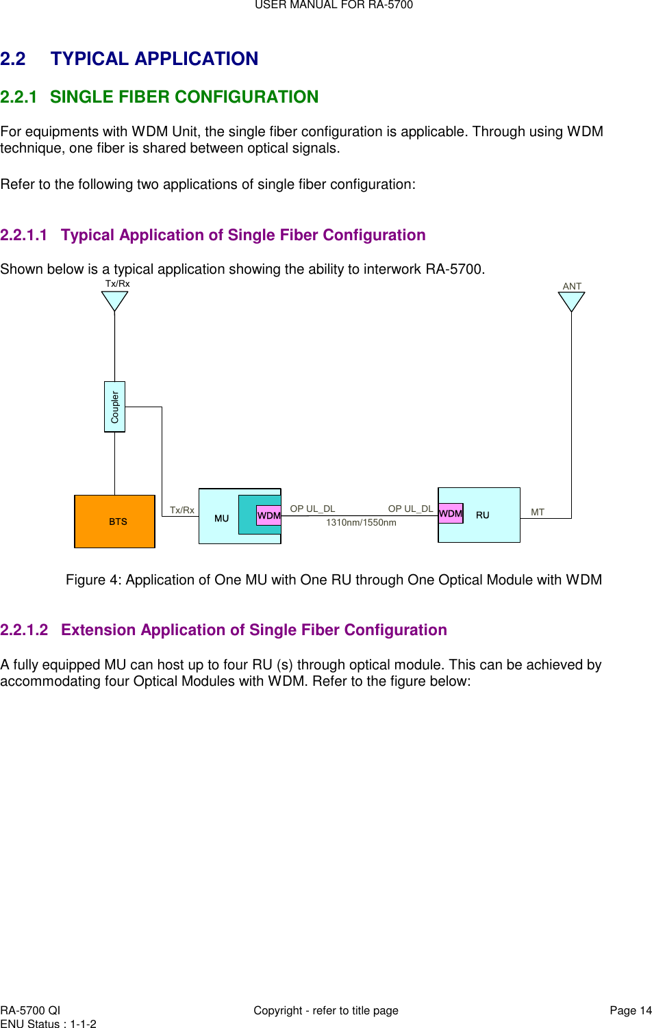 USER MANUAL FOR RA-5700  RA-5700 QI  Copyright - refer to title page Page 14 ENU Status : 1-1-2    2.2  TYPICAL APPLICATION 2.2.1   SINGLE FIBER CONFIGURATION For equipments with WDM Unit, the single fiber configuration is applicable. Through using WDM technique, one fiber is shared between optical signals.   Refer to the following two applications of single fiber configuration:   2.2.1.1  Typical Application of Single Fiber Configuration  Shown below is a typical application showing the ability to interwork RA-5700.  Tx/RxTx/RxCouplerBTSMTANTMUOP UL_DL OP UL_DL1310nm/1550nmWDM RUWDM   Figure 4: Application of One MU with One RU through One Optical Module with WDM   2.2.1.2  Extension Application of Single Fiber Configuration  A fully equipped MU can host up to four RU (s) through optical module. This can be achieved by accommodating four Optical Modules with WDM. Refer to the figure below: 