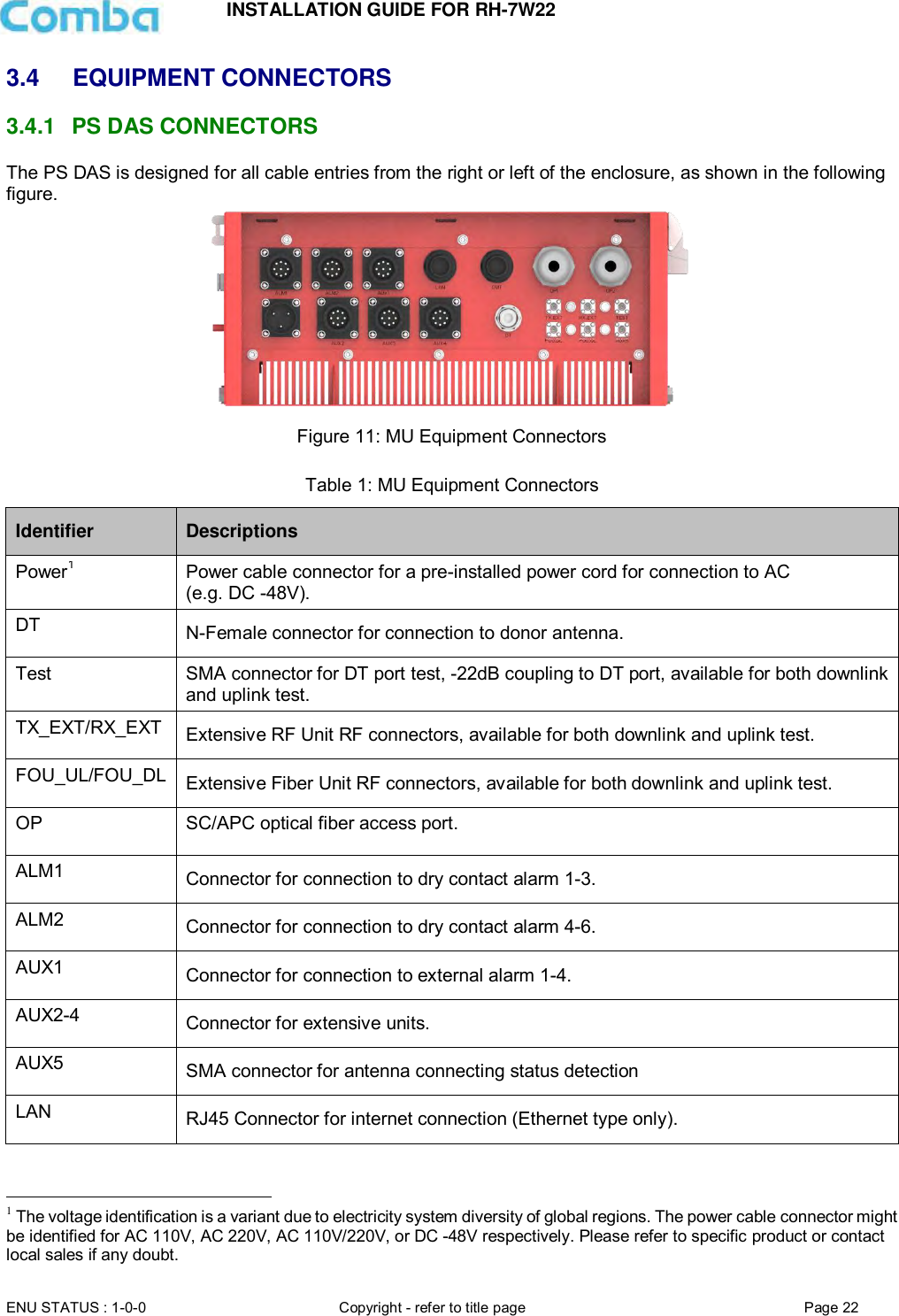 INSTALLATION GUIDE FOR RH-7W22  ENU STATUS : 1-0-0 Copyright - refer to title page Page 22     3.4 EQUIPMENT CONNECTORS 3.4.1  PS DAS CONNECTORS The PS DAS is designed for all cable entries from the right or left of the enclosure, as shown in the following figure.  Figure 11: MU Equipment Connectors  Table 1: MU Equipment Connectors Identifier Descriptions Power1 Power cable connector for a pre-installed power cord for connection to AC (e.g. DC -48V). DT N-Female connector for connection to donor antenna.  Test SMA connector for DT port test, -22dB coupling to DT port, available for both downlink and uplink test. TX_EXT/RX_EXT Extensive RF Unit RF connectors, available for both downlink and uplink test. FOU_UL/FOU_DL Extensive Fiber Unit RF connectors, available for both downlink and uplink test.  OP  SC/APC optical fiber access port. ALM1 Connector for connection to dry contact alarm 1-3. ALM2 Connector for connection to dry contact alarm 4-6. AUX1 Connector for connection to external alarm 1-4. AUX2-4 Connector for extensive units. AUX5 SMA connector for antenna connecting status detection LAN RJ45 Connector for internet connection (Ethernet type only).                                                 1 The voltage identification is a variant due to electricity system diversity of global regions. The power cable connector might be identified for AC 110V, AC 220V, AC 110V/220V, or DC -48V respectively. Please refer to specific product or contact local sales if any doubt. 