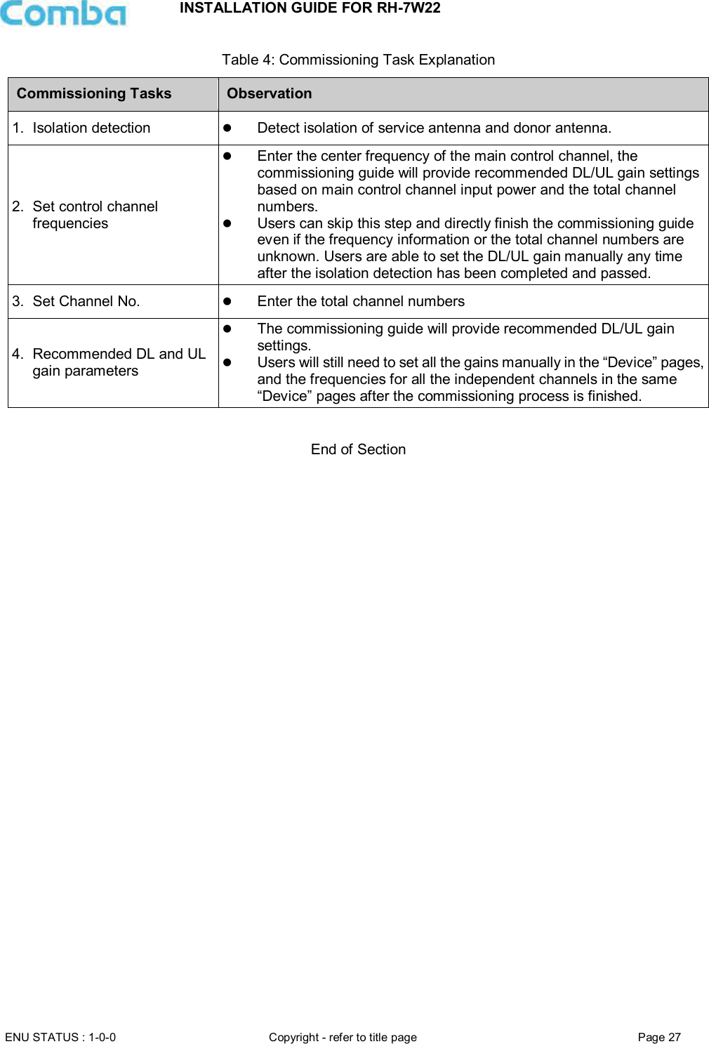 INSTALLATION GUIDE FOR RH-7W22  ENU STATUS : 1-0-0 Copyright - refer to title page Page 27     Table 4: Commissioning Task Explanation Commissioning Tasks Observation 1.  Isolation detection  Detect isolation of service antenna and donor antenna. 2.  Set control channel frequencies  Enter the center frequency of the main control channel, the commissioning guide will provide recommended DL/UL gain settings based on main control channel input power and the total channel numbers.  Users can skip this step and directly finish the commissioning guide even if the frequency information or the total channel numbers are unknown. Users are able to set the DL/UL gain manually any time after the isolation detection has been completed and passed. 3.  Set Channel No.  Enter the total channel numbers 4.  Recommended DL and UL gain parameters  The commissioning guide will provide recommended DL/UL gain settings.   Users will still need to set all the gains manually in the “Device” pages, and the frequencies for all the independent channels in the same “Device” pages after the commissioning process is finished.   End of Section                             