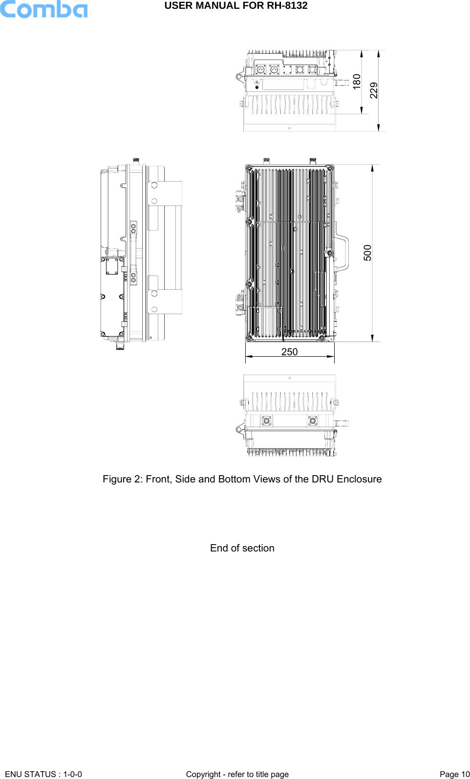 USER MANUAL FOR RH-8132     ENU STATUS : 1-0-0  Copyright - refer to title page  Page 10   250500 229180  Figure 2: Front, Side and Bottom Views of the DRU Enclosure     End of section