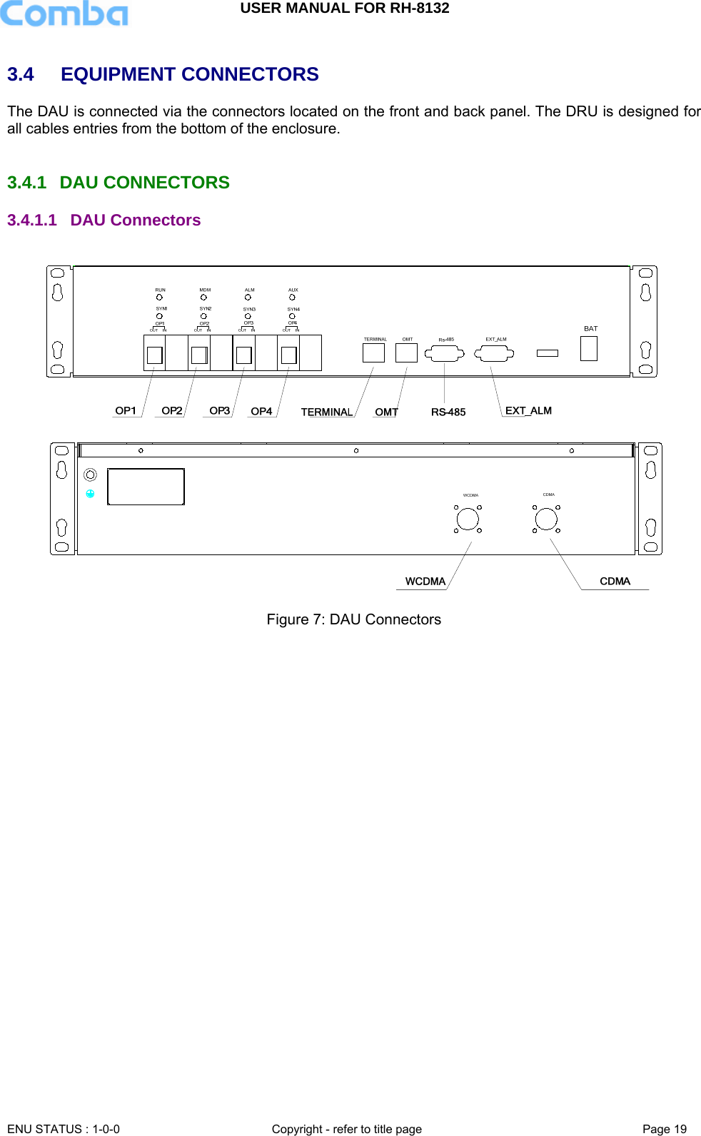 USER MANUAL FOR RH-8132     ENU STATUS : 1-0-0  Copyright - refer to title page  Page 19   3.4 EQUIPMENT CONNECTORS The DAU is connected via the connectors located on the front and back panel. The DRU is designed for all cables entries from the bottom of the enclosure.   3.4.1 DAU CONNECTORS 3.4.1.1  DAU Connectors     Figure 7: DAU Connectors   