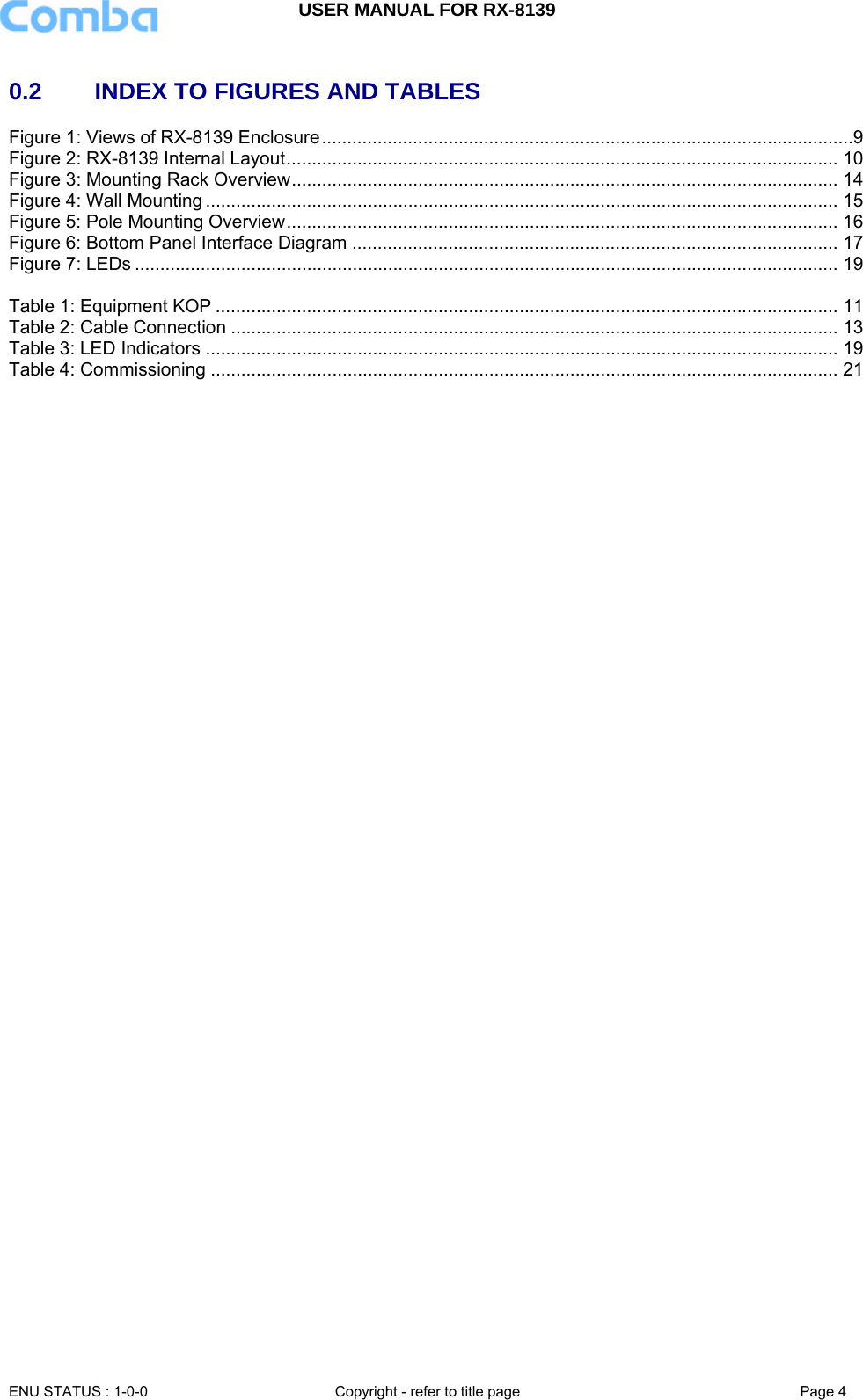 USER MANUAL FOR RX-8139    ENU STATUS : 1-0-0  Copyright - refer to title page  Page 4   0.2     INDEX TO FIGURES AND TABLES Figure 1: Views of RX-8139 Enclosure .........................................................................................................9Figure 2: RX-8139 Internal Layout ............................................................................................................. 10Figure 3: Mounting Rack Overview ............................................................................................................ 14Figure 4: Wall Mounting ............................................................................................................................. 15Figure 5: Pole Mounting Overview ............................................................................................................. 16Figure 6: Bottom Panel Interface Diagram ................................................................................................ 17Figure 7: LEDs ........................................................................................................................................... 19 Table 1: Equipment KOP ........................................................................................................................... 11Table 2: Cable Connection ........................................................................................................................ 13Table 3: LED Indicators ............................................................................................................................. 19Table 4: Commissioning ............................................................................................................................ 21   