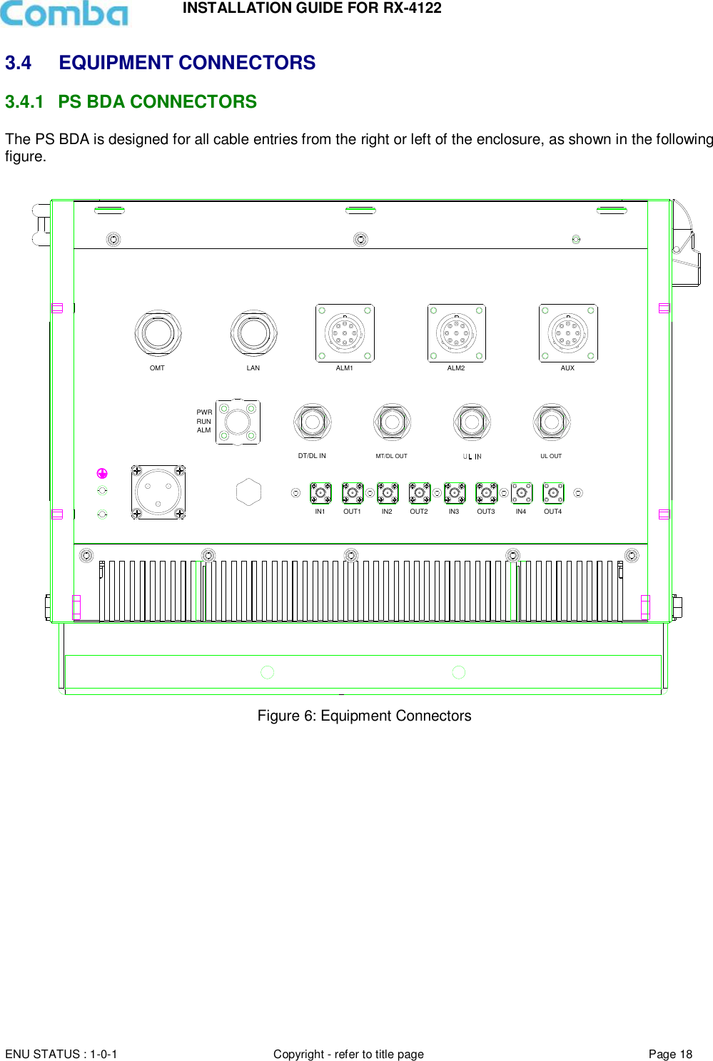 INSTALLATION GUIDE FOR RX-4122  ENU STATUS : 1-0-1 Copyright - refer to title page Page 18     3.4 EQUIPMENT CONNECTORS 3.4.1  PS BDA CONNECTORS The PS BDA is designed for all cable entries from the right or left of the enclosure, as shown in the following figure.   OMT LAN ALM1 ALM2 AUXRUNPWRALMDT/DL IN MT/DL OUT UL OUTIN1 OUT1 IN2 OUT2 IN3 OUT3 IN4 OUT4 Figure 6: Equipment Connectors               