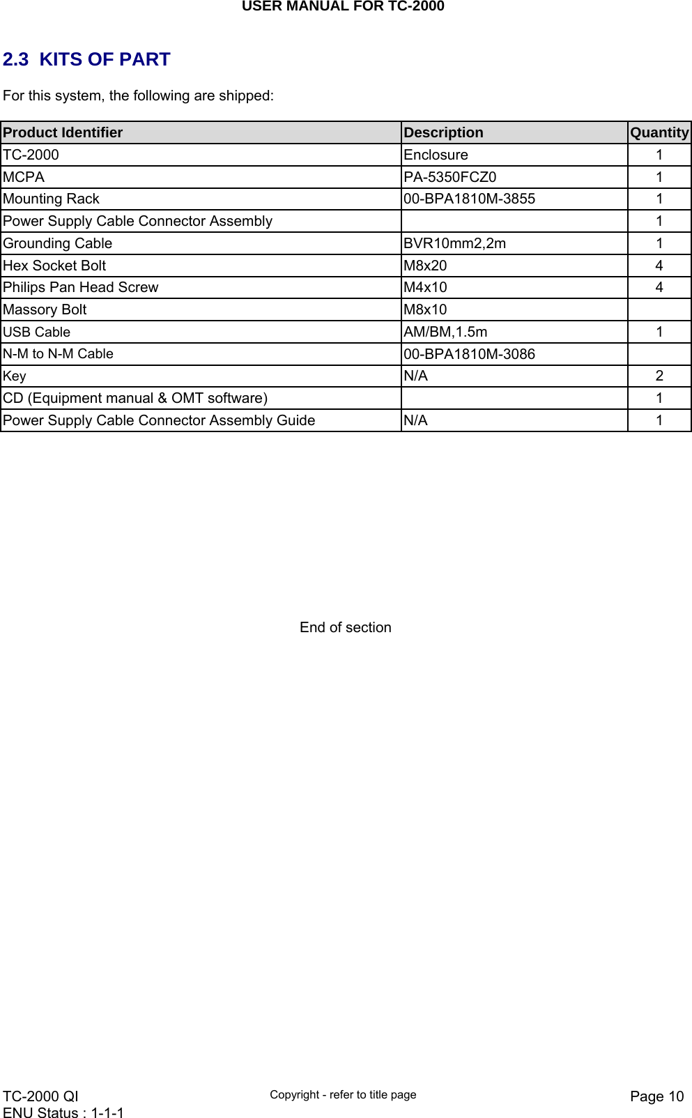 USER MANUAL FOR TC-2000   TC-2000 QI  Copyright - refer to title page  Page 10ENU Status : 1-1-1    2.3  KITS OF PART For this system, the following are shipped:  Product Identifier  Description  QuantityTC-2000 Enclosure 1 MCPA PA-5350FCZ0 1 Mounting Rack   00-BPA1810M-3855  1 Power Supply Cable Connector Assembly    1 Grounding Cable  BVR10mm2,2m  1 Hex Socket Bolt  M8x20  4 Philips Pan Head Screw  M4x10  4 Massory Bolt  M8x10   USB Cable AM/BM,1.5m 1 N-M to N-M Cable  00-BPA1810M-3086  Key N/A 2 CD (Equipment manual &amp; OMT software)     1 Power Supply Cable Connector Assembly Guide  N/A  1            End of section    