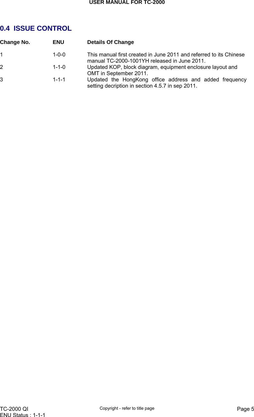 USER MANUAL FOR TC-2000   TC-2000 QI  Copyright - refer to title page  Page 5ENU Status : 1-1-1     0.4 ISSUE CONTROL Change No.  ENU  Details Of Change  1  1-0-0  This manual first created in June 2011 and referred to its Chinese manual TC-2000-1001YH released in June 2011.  2  1-1-0  Updated KOP, block diagram, equipment enclosure layout and OMT in September 2011. 3  1-1-1  Updated the HongKong office address and added frequency setting decription in section 4.5.7 in sep 2011.     