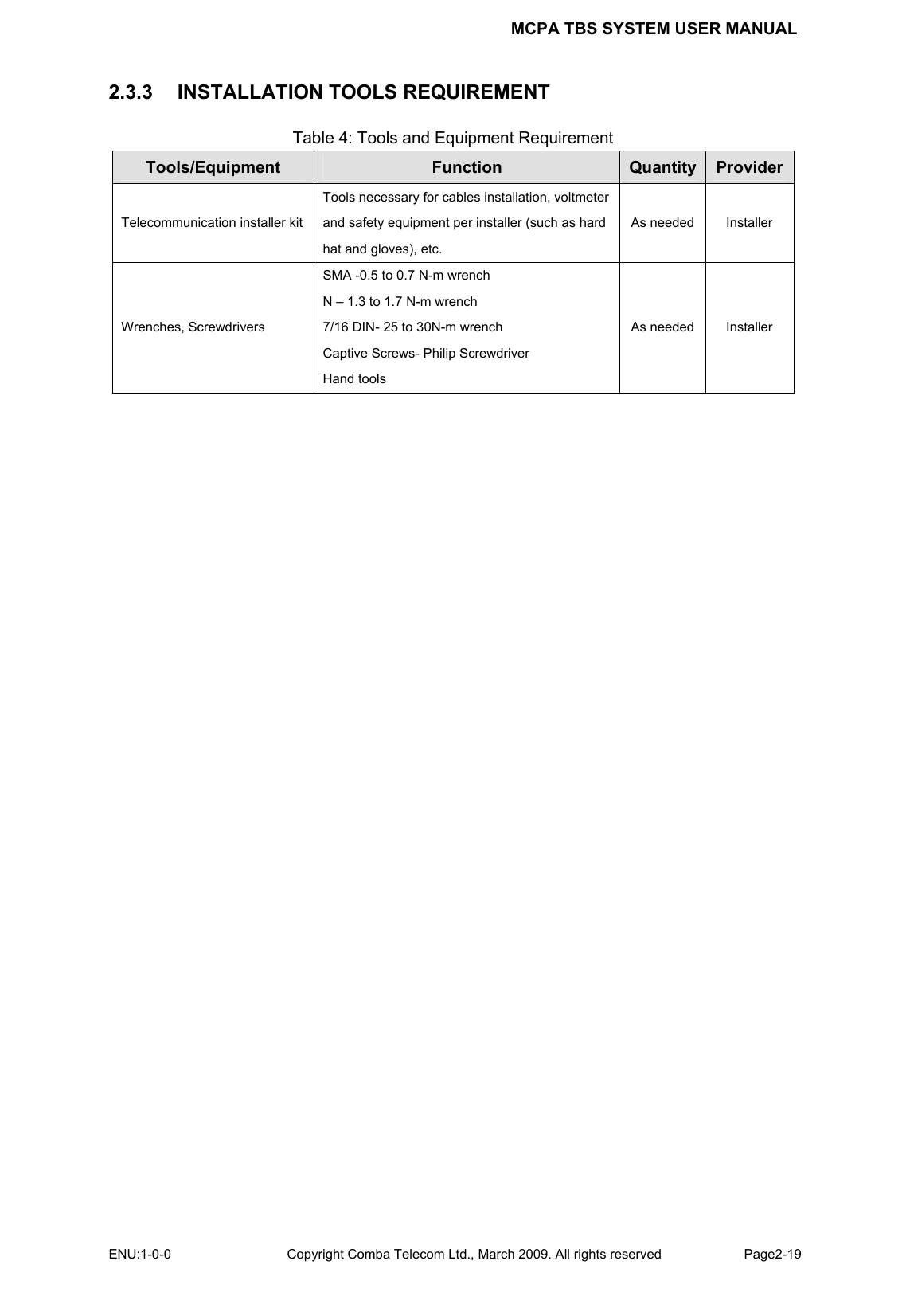 MCPA TBS SYSTEM USER MANUAL ENU:1-0-0 Copyright Comba Telecom Ltd., March 2009. All rights reserved  Page2-19    2.3.3    INSTALLATION TOOLS REQUIREMENT Table 4: Tools and Equipment Requirement Tools/Equipment  Function  Quantity  ProviderTelecommunication installer kit Tools necessary for cables installation, voltmeter and safety equipment per installer (such as hard hat and gloves), etc. As needed  Installer Wrenches, Screwdrivers   SMA -0.5 to 0.7 N-m wrench N – 1.3 to 1.7 N-m wrench 7/16 DIN- 25 to 30N-m wrench Captive Screws- Philip Screwdriver Hand tools As needed  Installer  