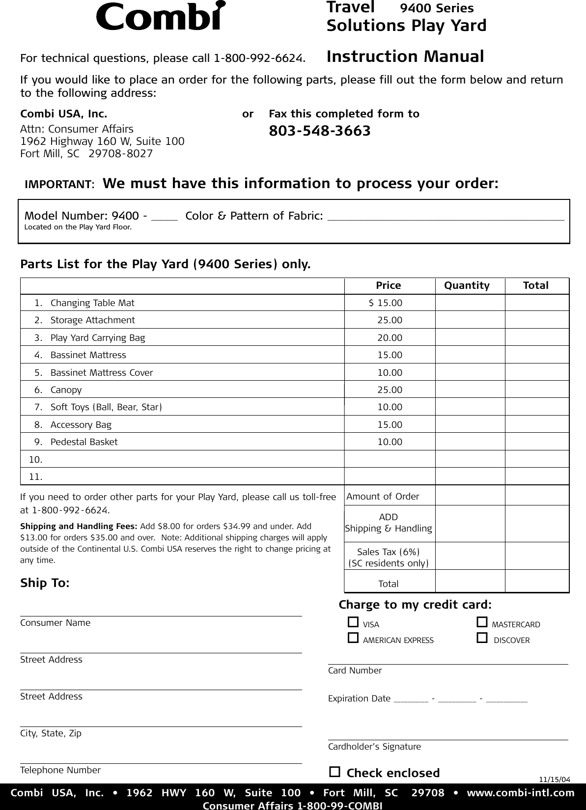 Page 12 of 12 - Combi Combi-Play-Yard--9400-Owner-S-Manual 9400_PlayYard_IM