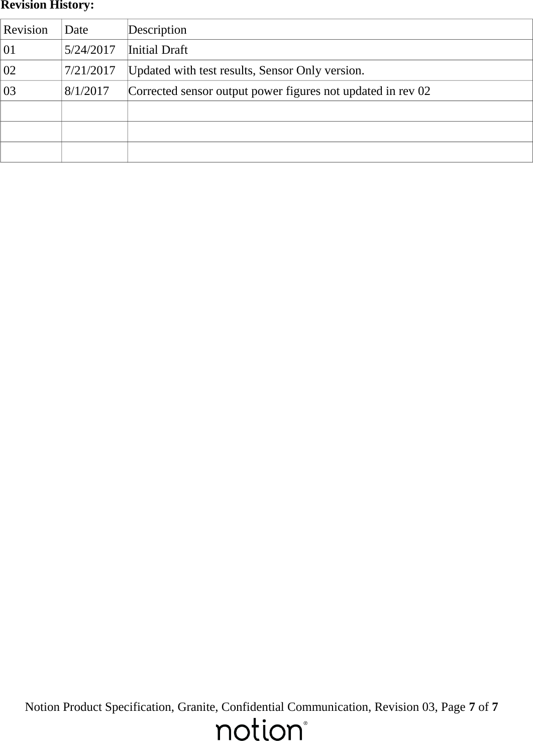 Revision History:Revision Date Description01 5/24/2017 Initial Draft02 7/21/2017 Updated with test results, Sensor Only version.03 8/1/2017 Corrected sensor output power figures not updated in rev 02Notion Product Specification, Granite, Confidential Communication, Revision 03, Page 7 of 7