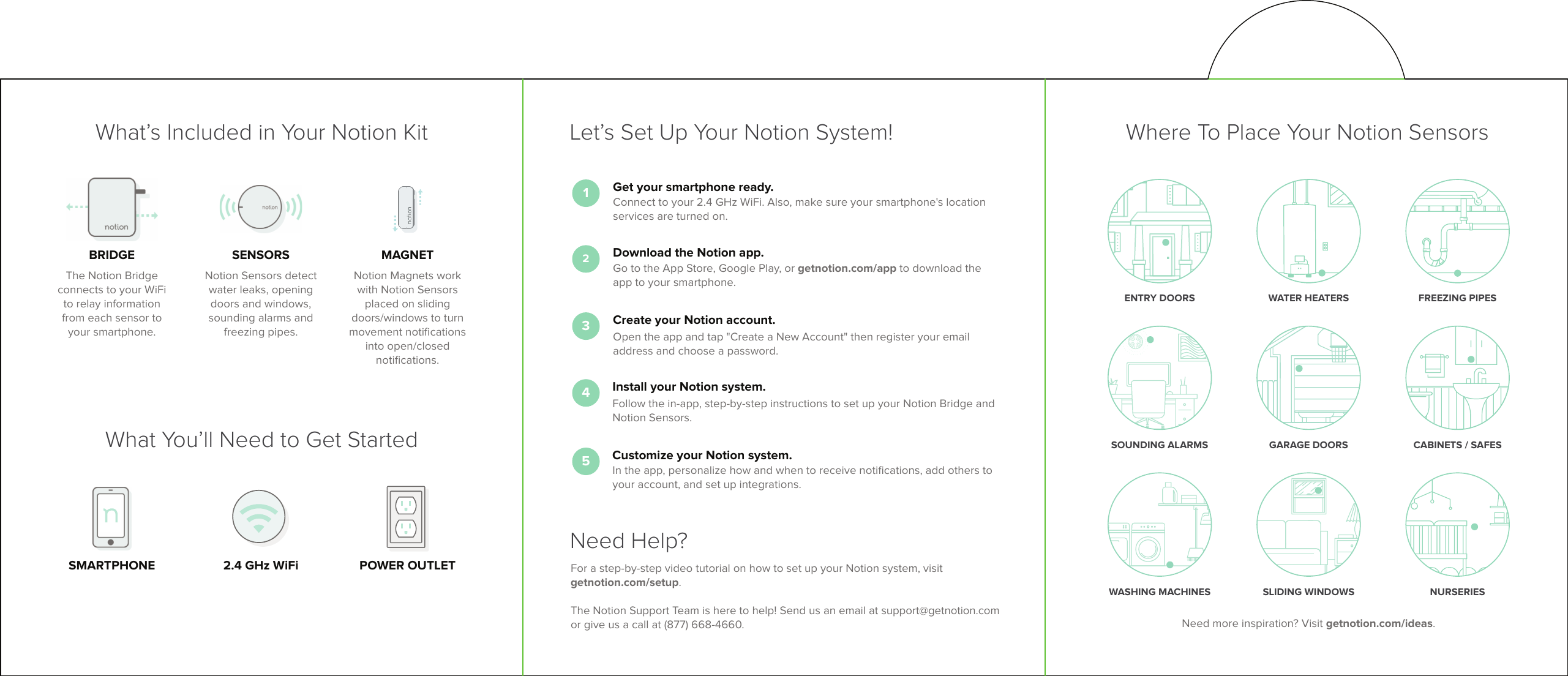 Where To Place Your Notion SensorsNeed more inspiration? Visit getnotion.com/ideas.ENTRY DOORS WATER HEATERS FREEZING PIPESWASHING MACHINES SLIDING WINDOWS NURSERIESSOUNDING ALARMS CABINETS / SAFESGARAGE DOORS1Get your smartphone ready.Connect to your 2.4 GHz WiFi. Also, make sure your smartphone's location services are turned on.2Download the Notion app.Go to the App Store, Google Play, or getnotion.com/app to download the app to your smartphone.3Create your Notion account.Open the app and tap "Create a New Account" then register your email address and choose a password.4Install your Notion system.Follow the in-app, step-by-step instructions to set up your Notion Bridge and Notion Sensors.5Customize your Notion system.In the app, personalize how and when to receive notiﬁcations, add others toyour account, and set up integrations. Let&rsquo;s Set Up Your Notion System!Need Help?For a step-by-step video tutorial on how to set up your Notion system, visit getnotion.com/setup. The Notion Support Team is here to help! Send us an email at support@getnotion.com or give us a call at (877) 668-4660.What&rsquo;s Included in Your Notion KitWhat You&rsquo;ll Need to Get StartedSMARTPHONE POWER OUTLET2.4 GHz WiFiSENSORSNotion Sensors detect water leaks, opening doors and windows, sounding alarms and freezing pipes.MAGNETNotion Magnets work with Notion Sensors placed on sliding doors/windows to turn movement notiﬁcations into open/closed notiﬁcations.BRIDGEThe Notion Bridge connects to your WiFi to relay information from each sensor to your smartphone.