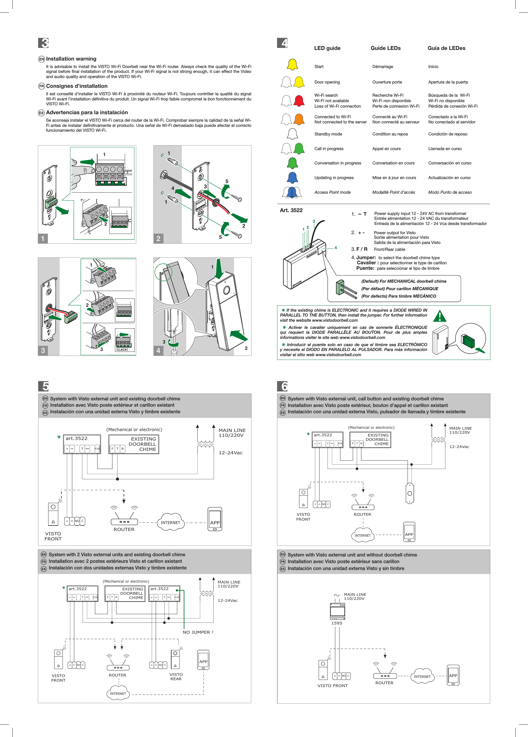 12LLCFP1CFP212311432551231324LED guide           Guide LEDs      Gu&iacute;a de LEDes   Start D&eacute;marrage InicioDoor opening  Ouverture porte Apertura de la puertaWi-Fi searchWi-Fi not availableLoss of Wi-Fi connectionRecherche Wi-FiWi-Fi non disponiblePerte de connexion Wi-FiB&uacute;squeda de la  Wi-FiWi-Fi no disponibleP&eacute;rdida de conexi&oacute;n Wi-FiConnected to Wi-FiNot connected to the serverConnect&eacute; au Wi-FiNon connect&eacute; au serveurConectado a la Wi-FiNo conectado al servidorStandby mode Condition au repos Condici&oacute;n de reposoCall in progress Appel en cours Llamada en cursoConversation in progress Conversation en cours Conversaci&oacute;n en cursoUpdating in progress Mise en &agrave; jour en cours Actualizaci&oacute;n en cursoAccess Point mode Modalit&eacute; Point d&rsquo;acc&egrave;s Modo Punto de accesoInstallation warningIt is advisable to install the VISTO Wi-Fi Doorbell near the Wi-Fi router. Always check the quality of the Wi-Fi signal before final installation of the product. If your Wi-Fi signal is not strong enough, it can effect the Video and audio quality and operation of the VISTO Wi-Fi.Consignes d&rsquo;installationIl est conseill&eacute; d&rsquo;installer le VISTO Wi-Fi &agrave; proximit&eacute; du routeur Wi-Fi. Toujours contr&ocirc;ler la qualit&eacute; du signal Wi-Fi avant l&rsquo;installation d&eacute;finitive du produit. Un signal Wi-Fi trop faible compromet le bon fonctionnement du VISTO Wi-Fi.Advertencias para la instalaci&oacute;nSe aconseja instalar el VISTO Wi-Fi cerca del router de la Wi-Fi. Comprobar siempre la calidad de la se&ntilde;al Wi-Fi antes de instalar definitivamente el producto. Una se&ntilde;al de Wi-Fi demasiado baja puede afectar el correcto funcionamiento del VISTO Wi-Fi. System with Visto external unit and existing doorbell chime System with Visto external unit, call button and existing doorbell chimeInstallation avec Visto poste ext&eacute;rieur, bouton d&rsquo;appel et carillon existantInstalaci&oacute;n con una unidad externa Visto, pulsador de llamada y timbre existenteSystem with 2 Visto external units and existing doorbell chimeInstallation avec Visto poste ext&eacute;rieur et carillon existantInstallation avec 2 postes ext&eacute;rieurs Visto et carillon existantInstalaci&oacute;n con una unidad externa Visto y timbre existenteInstalaci&oacute;n con dos unidades externas Visto y timbre existente+-ROUTER+-T~F/RVISTOFEXISTINGDOORBELLCHIMET R(Mechanical or electronic)+-T~F/RFRONT+-VISTOREAR12-24Vac110/220VMAIN LINEart.3522 art.3522INTERNETNO C NO CNO JUMPER !APPROUTER+-T~F/RVISTOF T R(Mechanical or electronic)FRONT12-24Vac110/220VMAIN LINEEXISTINGDOORBELLCHIMEart.3522INTERNET+-NO CAPPROUTER+-T~F/RVISTOF T R(Mechanical or electronic)FRONT12-24Vac110/220VMAIN LINEEXISTINGDOORBELLCHIMEart.3522INTERNET+-NO CAPP1234EXISTINGELECTRONIC CHIMEEXISTINGMECHANICAL CHIME 1.  ~ T   2.  + - 3. F / R     Front/Rear cable 4. Jumper:  to select the doorbell chime type      Cavalier : pour s&eacute;lectionner le type de carillon  Puente:  para seleccionar el tipo de timbrePower supply input 12 - 24V AC from transformerEntr&eacute;e alimentation 12 - 24 VAC du transformateurEntrada de la alimentaci&oacute;n 12 - 24 Vca desde transformadorPower output for VistoSortie alimentation pour VistoSalida de la alimentaci&oacute;n para Visto    Activer le cavalier uniquement en cas de sonnerie &Eacute;LECTRONIQUE qui requiert la DIODE PARALL&Egrave;LE AU BOUTON. Pour de plus amples informations visiter le site web www.vistodoorbell.com   If the existing chime is ELECTRONIC and it requires a DIODE WIRED IN PARALLEL TO THE BUTTON, then install the jumper. For further information visit the website www.vistodoorbell.com    Introducir el puente solo en caso de que el timbre sea ELECTR&Oacute;NICO y necesite el DIODO EN PARALELO AL PULSADOR. Para m&aacute;s informaci&oacute;n visitar el sitio web www.vistodoorbell.comArt. 3522(Default) For MECHANICAL doorbell chime(Par d&eacute;faut) Pour carillon M&Eacute;CANIQUE(Por defecto) Para timbre MEC&Aacute;NICOINTERNETVISTO FRONTROUTER1595110/220VMAIN LINE+-NO CAPPSystem with Visto external unit and without doorbell chimeInstallation avec Visto poste ext&eacute;rieur sans carillonInstalaci&oacute;n con una unidad externa Visto y sin timbre