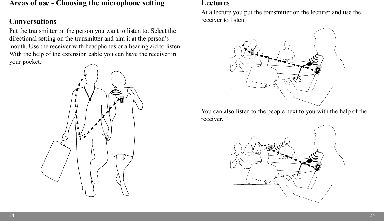 2425Areas of use - Choosing the microphone settingConversationsPut the transmitter on the person you want to listen to. Select the directional setting on the transmitter and aim it at the person’s mouth. Use the receiver with headphones or a hearing aid to listen. With the help of the extension cable you can have the receiver in your pocket.Lectures At a lecture you put the transmitter on the lecturer and use the receiver to listen. You can also listen to the people next to you with the help of the receiver.