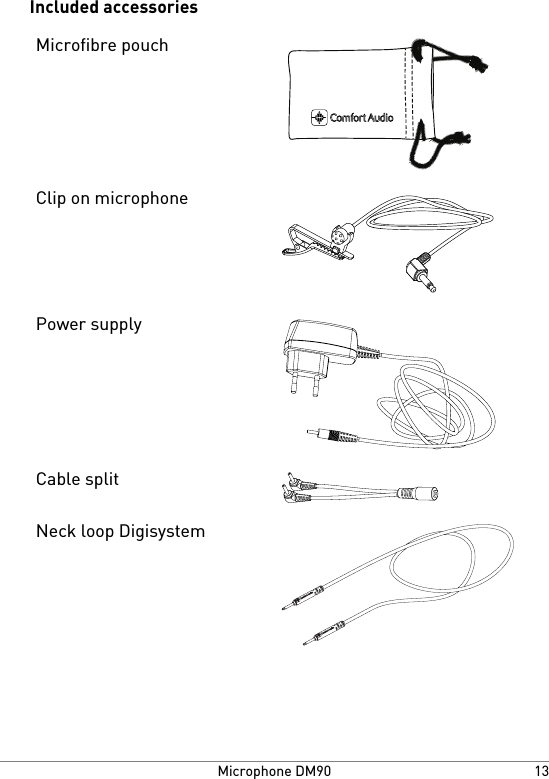 Included accessoriesMicrofibre pouchClip on microphonePower supplyCable splitNeck loop Digisystem13Microphone DM90