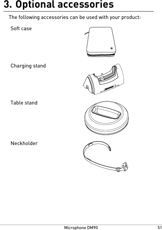 Optional accessories3.The following accessories can be used with your product:Soft caseCharging standTable standNeckholder51Microphone DM90