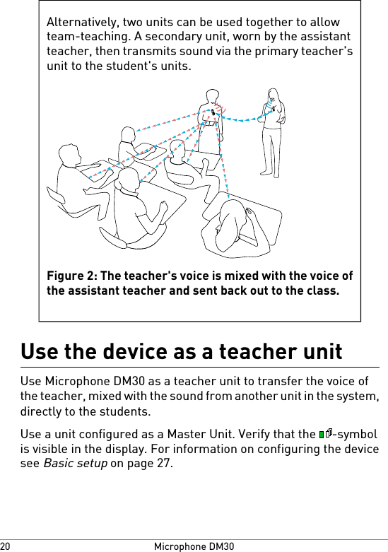 Alternatively, two units can be used together to allowteam-teaching. A secondary unit, worn by the assistantteacher, then transmits sound via the primary teacher&apos;sunit to the student&apos;s units.Figure 2: The teacher&apos;s voice is mixed with the voice ofthe assistant teacher and sent back out to the class.Use the device as a teacher unitUse Microphone DM30 as a teacher unit to transfer the voice ofthe teacher, mixed with the sound from another unit in the system,directly to the students.Use a unit configured as a Master Unit. Verify that the  -symbolis visible in the display. For information on configuring the devicesee Basic setup on page 27.Microphone DM3020