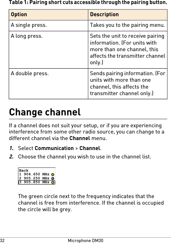 Table 1: Pairing short cuts accessible through the pairing button.DescriptionOptionTakes you to the pairing menu.A single press.Sets the unit to receive pairinginformation. (For units withmore than one channel, thisaffects the transmitter channelonly.)A long press.Sends pairing information. (Forunits with more than onechannel, this affects thetransmitter channel only.)A double press.Change channelIf a channel does not suit your setup, or if you are experiencinginterference from some other radio source, you can change to adifferent channel via the Channel menu.1.Select Communication &gt; Channel.2.Choose the channel you wish to use in the channel list.Back1 904.650 MHz2 905.250 MHz3 905.850 MHzThe green circle next to the frequency indicates that thechannel is free from interference. If the channel is occupiedthe circle will be grey.Microphone DM3032