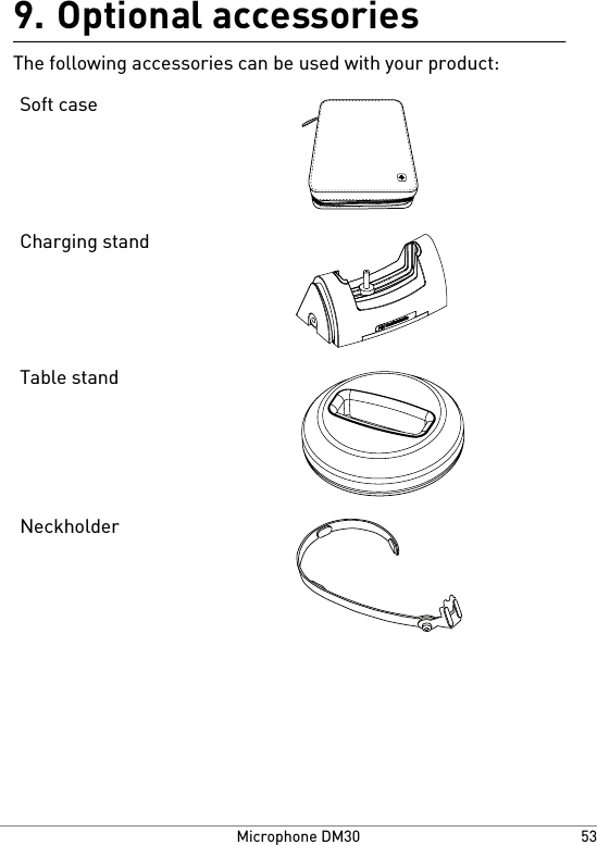Optional accessories9.The following accessories can be used with your product:Soft caseCharging standTable standNeckholder53Microphone DM30