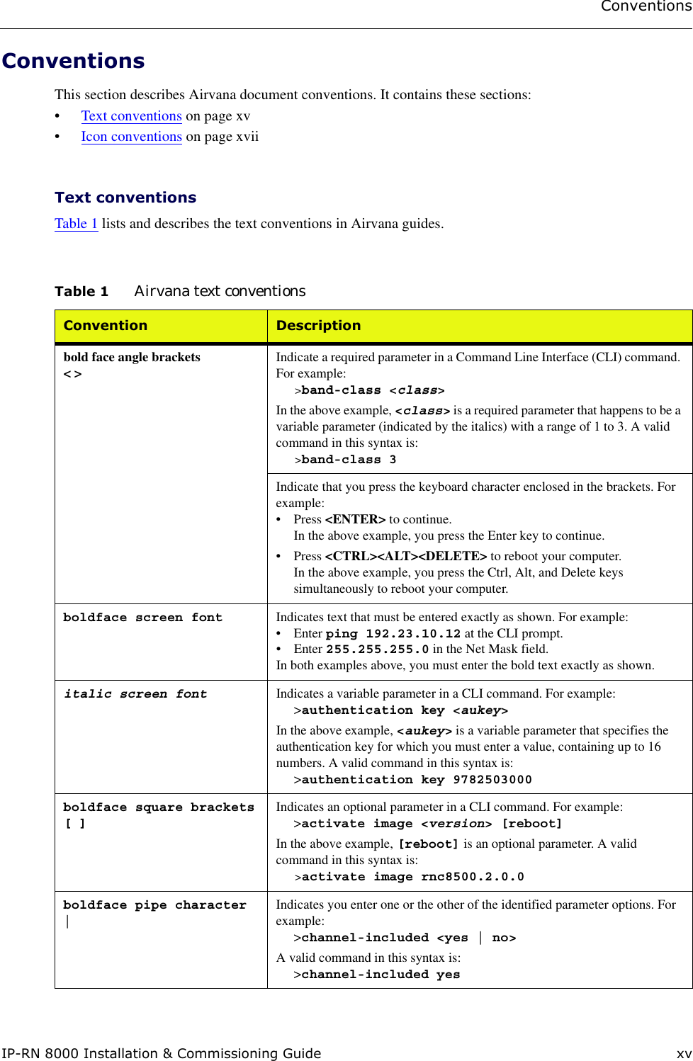 ConventionsIP-RN 8000 Installation &amp; Commissioning Guide xvConventionsThis section describes Airvana document conventions. It contains these sections:•Text conventions on page xv•Icon conventions on page xvii Text conventionsTable 1 lists and describes the text conventions in Airvana guides.Table 1 Airvana text conventionsConvention Descriptionbold face angle brackets&lt; &gt; Indicate a required parameter in a Command Line Interface (CLI) command. For example:&gt;band-class &lt;class&gt;In the above example, &lt;class&gt; is a required parameter that happens to be a variable parameter (indicated by the italics) with a range of 1 to 3. A valid command in this syntax is:&gt;band-class 3Indicate that you press the keyboard character enclosed in the brackets. For example:• Press &lt;ENTER&gt; to continue.In the above example, you press the Enter key to continue.• Press &lt;CTRL&gt;&lt;ALT&gt;&lt;DELETE&gt; to reboot your computer. In the above example, you press the Ctrl, Alt, and Delete keys simultaneously to reboot your computer.boldface screen font Indicates text that must be entered exactly as shown. For example:•Enter ping 192.23.10.12 at the CLI prompt.•Enter 255.255.255.0 in the Net Mask field.In both examples above, you must enter the bold text exactly as shown.italic screen font Indicates a variable parameter in a CLI command. For example:&gt;authentication key &lt;aukey&gt;In the above example, &lt;aukey&gt; is a variable parameter that specifies the authentication key for which you must enter a value, containing up to 16 numbers. A valid command in this syntax is:&gt;authentication key 9782503000boldface square brackets[ ]Indicates an optional parameter in a CLI command. For example:&gt;activate image &lt;version&gt; [reboot]In the above example, [reboot] is an optional parameter. A valid command in this syntax is:&gt;activate image rnc8500.2.0.0boldface pipe character|Indicates you enter one or the other of the identified parameter options. For example:&gt;channel-included &lt;yes | no&gt;A valid command in this syntax is:&gt;channel-included yes