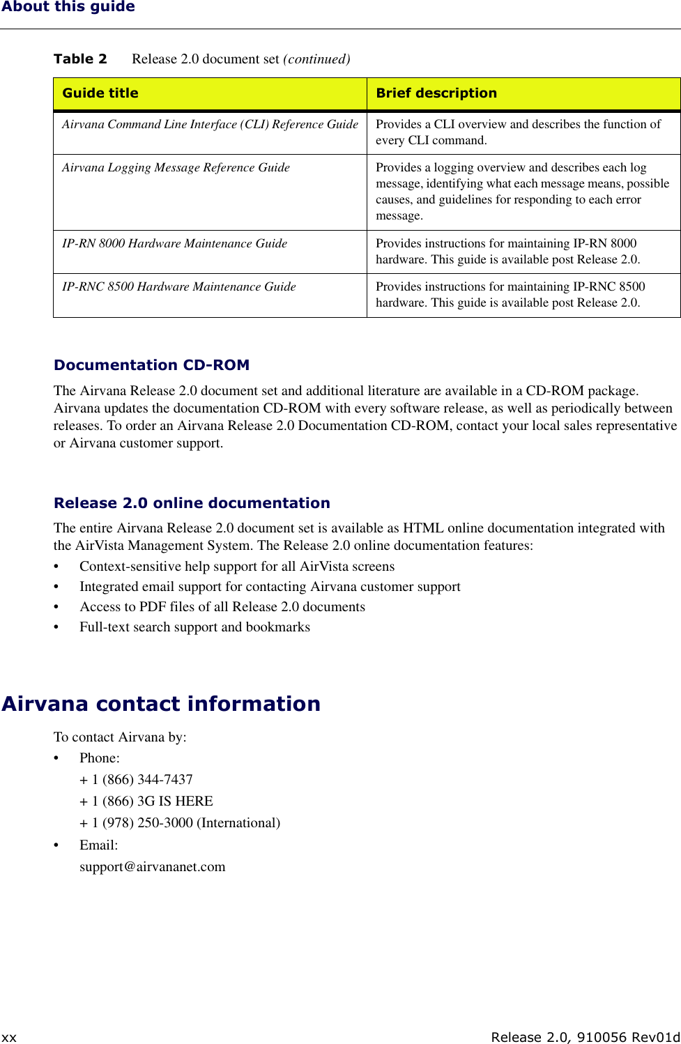 About this guidexx Release 2.0, 910056 Rev01dDocumentation CD-ROMThe Airvana Release 2.0 document set and additional literature are available in a CD-ROM package. Airvana updates the documentation CD-ROM with every software release, as well as periodically between releases. To order an Airvana Release 2.0 Documentation CD-ROM, contact your local sales representative or Airvana customer support.Release 2.0 online documentationThe entire Airvana Release 2.0 document set is available as HTML online documentation integrated with the AirVista Management System. The Release 2.0 online documentation features:• Context-sensitive help support for all AirVista screens• Integrated email support for contacting Airvana customer support• Access to PDF files of all Release 2.0 documents• Full-text search support and bookmarksAirvana contact informationTo contact Airvana by:• Phone:+ 1 (866) 344-7437+ 1 (866) 3G IS HERE+ 1 (978) 250-3000 (International)• Email: support@airvananet.comAirvana Command Line Interface (CLI) Reference Guide Provides a CLI overview and describes the function of every CLI command.Airvana Logging Message Reference Guide Provides a logging overview and describes each log message, identifying what each message means, possible causes, and guidelines for responding to each error message.IP-RN 8000 Hardware Maintenance Guide Provides instructions for maintaining IP-RN 8000 hardware. This guide is available post Release 2.0.IP-RNC 8500 Hardware Maintenance Guide Provides instructions for maintaining IP-RNC 8500 hardware. This guide is available post Release 2.0.Table 2 Release 2.0 document set (continued)Guide title Brief description