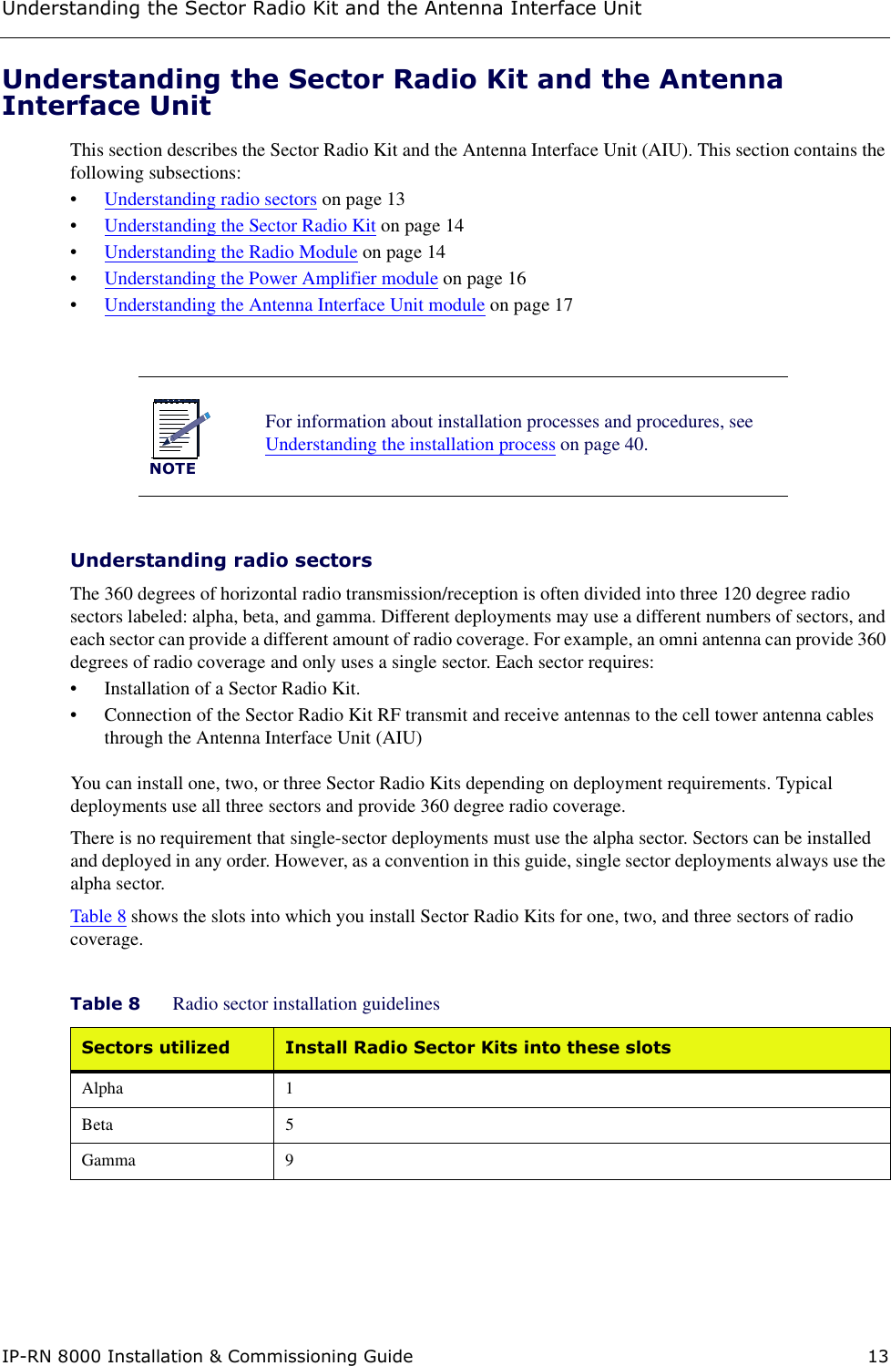 Understanding the Sector Radio Kit and the Antenna Interface UnitIP-RN 8000 Installation &amp; Commissioning Guide 13Understanding the Sector Radio Kit and the Antenna Interface UnitThis section describes the Sector Radio Kit and the Antenna Interface Unit (AIU). This section contains the following subsections:•Understanding radio sectors on page 13•Understanding the Sector Radio Kit on page 14•Understanding the Radio Module on page 14•Understanding the Power Amplifier module on page 16•Understanding the Antenna Interface Unit module on page 17Understanding radio sectorsThe 360 degrees of horizontal radio transmission/reception is often divided into three 120 degree radio sectors labeled: alpha, beta, and gamma. Different deployments may use a different numbers of sectors, and each sector can provide a different amount of radio coverage. For example, an omni antenna can provide 360 degrees of radio coverage and only uses a single sector. Each sector requires:• Installation of a Sector Radio Kit.• Connection of the Sector Radio Kit RF transmit and receive antennas to the cell tower antenna cables through the Antenna Interface Unit (AIU)You can install one, two, or three Sector Radio Kits depending on deployment requirements. Typical deployments use all three sectors and provide 360 degree radio coverage. There is no requirement that single-sector deployments must use the alpha sector. Sectors can be installed and deployed in any order. However, as a convention in this guide, single sector deployments always use the alpha sector.Table 8 shows the slots into which you install Sector Radio Kits for one, two, and three sectors of radio coverage.NOTEFor information about installation processes and procedures, see Understanding the installation process on page 40.Table 8 Radio sector installation guidelinesSectors utilized Install Radio Sector Kits into these slotsAlpha 1Beta 5Gamma 9