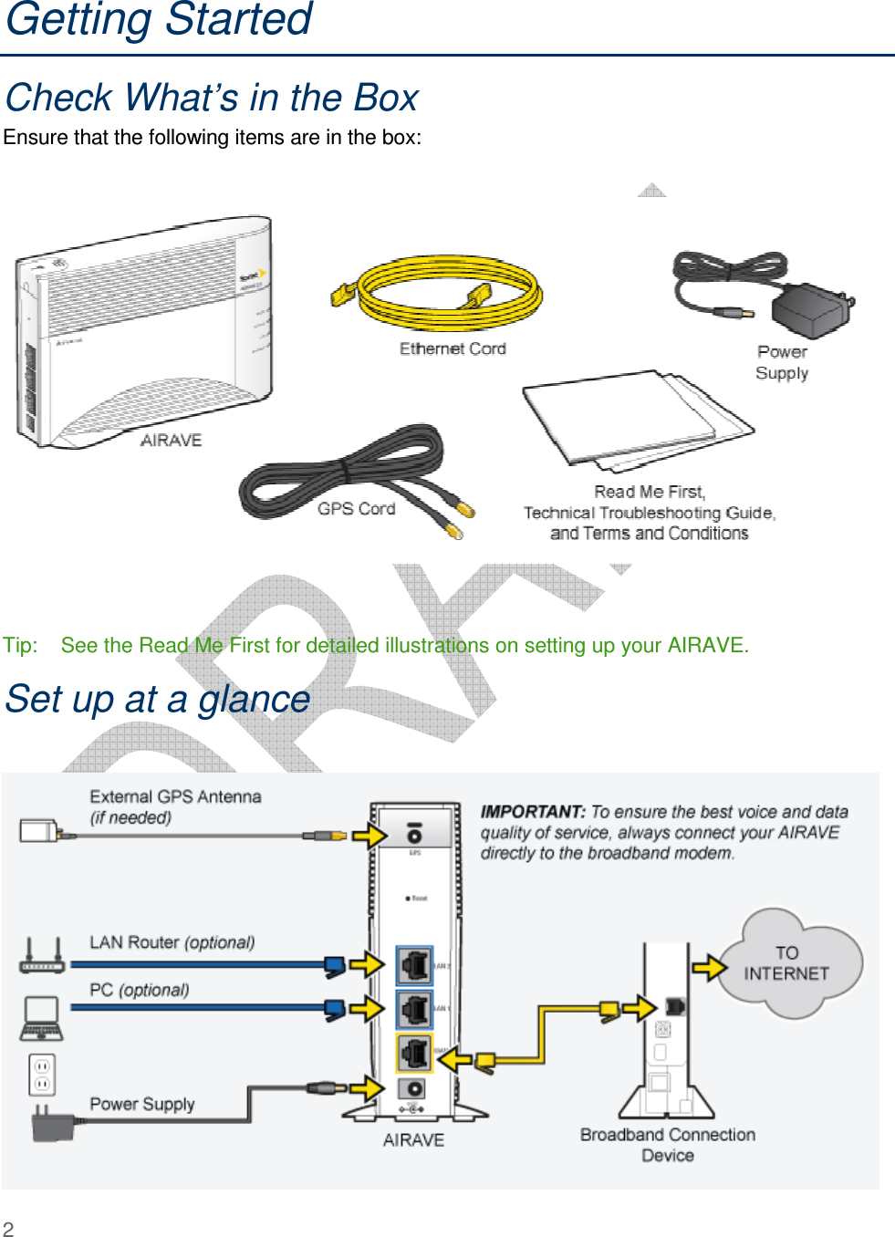  2   Getting Started Check What’s in the Box Ensure that the following items are in the box:    Tip:    See the Read Me First for detailed illustrations on setting up your AIRAVE.  Set up at a glance   