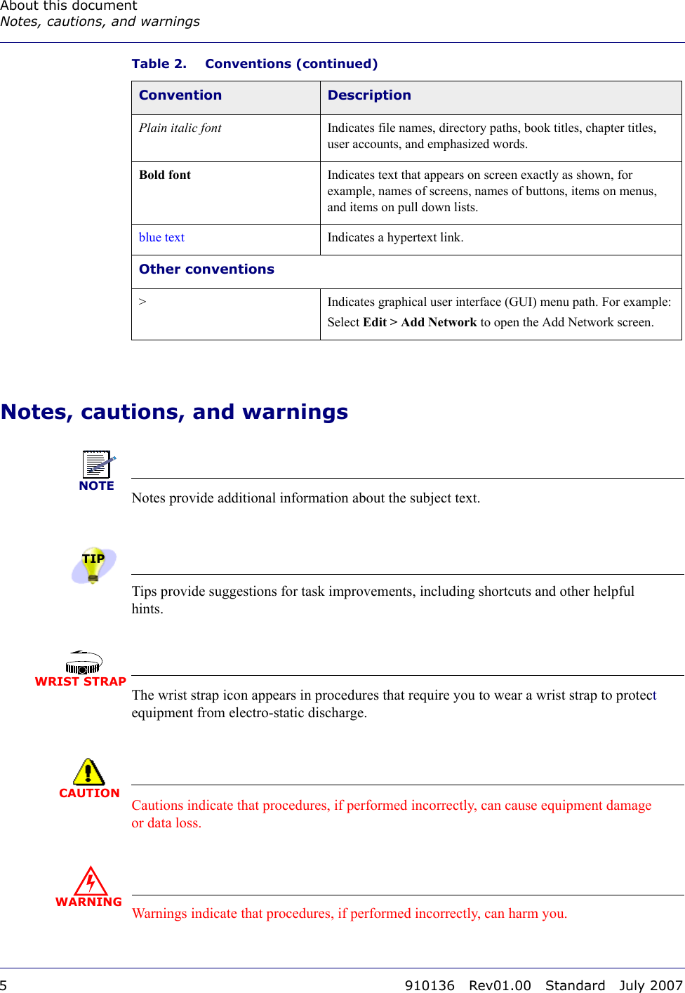 About this documentNotes, cautions, and warnings5 910136 Rev01.00 Standard July 2007Notes, cautions, and warningsNOTENotes provide additional information about the subject text.TIPTips provide suggestions for task improvements, including shortcuts and other helpful hints.WRIST STRAPThe wrist strap icon appears in procedures that require you to wear a wrist strap to protect equipment from electro-static discharge.CAUTIONCautions indicate that procedures, if performed incorrectly, can cause equipment damage or data loss.WARNINGWarnings indicate that procedures, if performed incorrectly, can harm you.Plain italic font Indicates file names, directory paths, book titles, chapter titles, user accounts, and emphasized words.Bold font Indicates text that appears on screen exactly as shown, for example, names of screens, names of buttons, items on menus, and items on pull down lists. blue text Indicates a hypertext link.Other conventions&gt; Indicates graphical user interface (GUI) menu path. For example:Select Edit &gt; Add Network to open the Add Network screen.Table 2. Conventions (continued)Convention Description