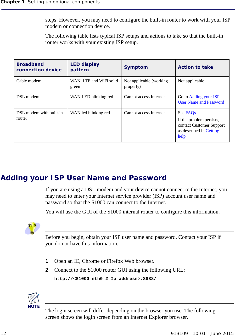Chapter 1   Setting up optional components 12 913109   10.01   June 2015DRAFTsteps. However, you may need to configure the built-in router to work with your ISP modem or connection device.The following table lists typical ISP setups and actions to take so that the built-in router works with your existing ISP setup.Broadband connection device LED display pattern Symptom Action to takeCable modem WAN, LTE and WiFi solid green Not applicable (working properly) Not applicableDSL modem WAN LED blinking red Cannot access Internet Go to Adding your ISP User Name and PasswordDSL modem with built-in router WAN led blinking red Cannot access Internet See FAQs.If the problem persists, contact Customer Support as described in Getting helpAdding your ISP User Name and PasswordIf you are using a DSL modem and your device cannot connect to the Internet, you may need to enter your Internet service provider (ISP) account user name and password so that the S1000 can connect to the Internet. You will use the GUI of the S1000 internal router to configure this information.TIPBefore you begin, obtain your ISP user name and password. Contact your ISP if you do not have this information.1Open an IE, Chrome or Firefox Web browser.2Connect to the S1000 router GUI using the following URL:http://&lt;S1000 eth0.2 Ip address&gt;:8888/NOTEThe login screen will differ depending on the browser you use. The following screen shows the login screen from an Internet Explorer browser.